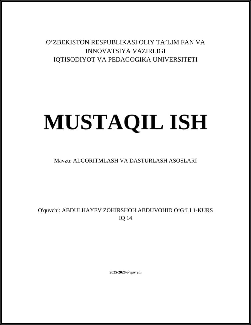ALGORITMLASH VA DASTURLASH ASOSLARI
