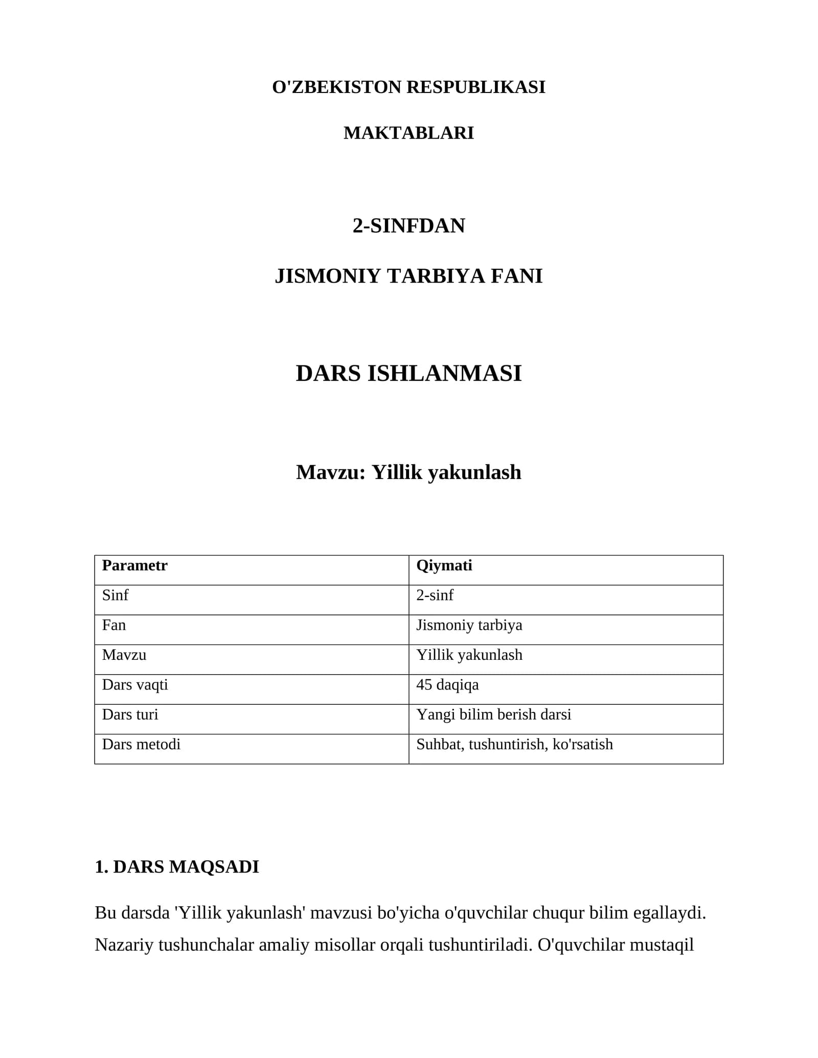 Yillik yakunlash dars ishlanmasi