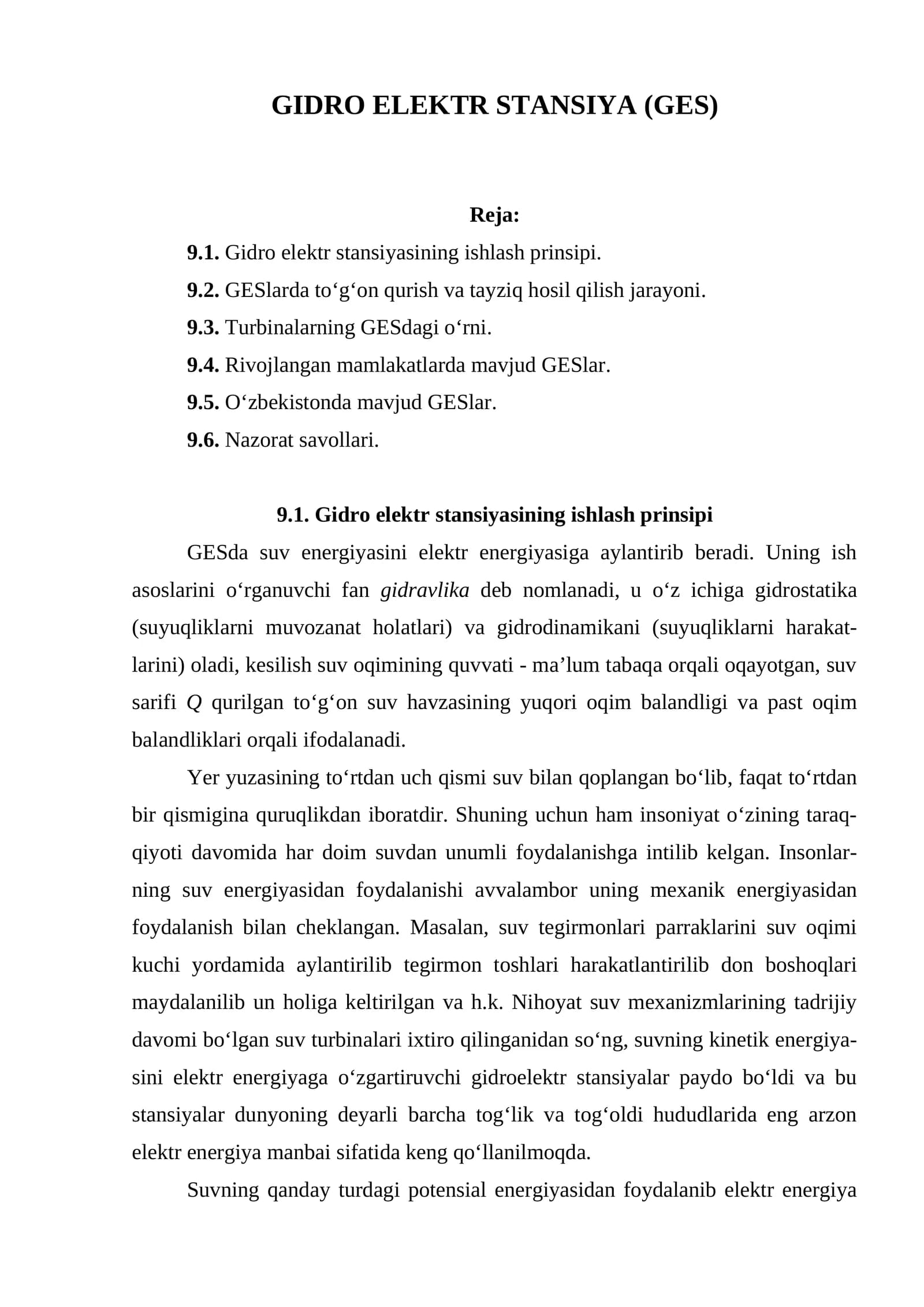 GIDRO ELEKTR STANSIYA (GES)