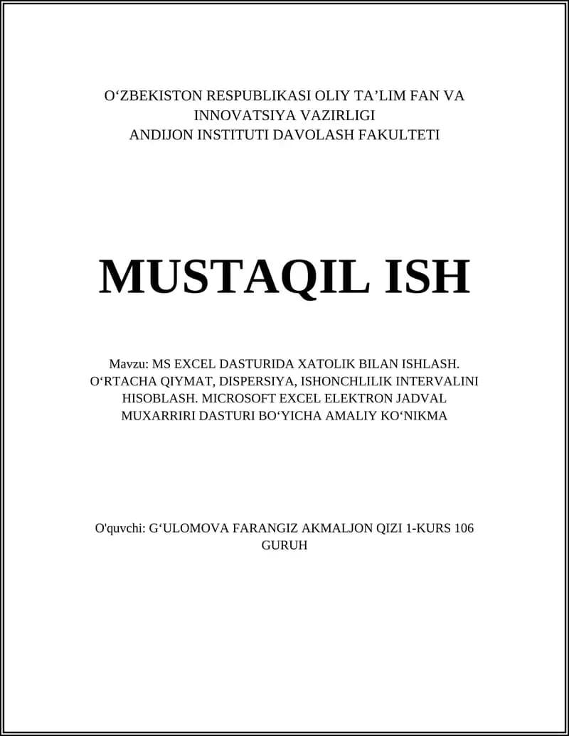 MS EXCEL DASTURIDA XATOLIK BILAN ISHLASH