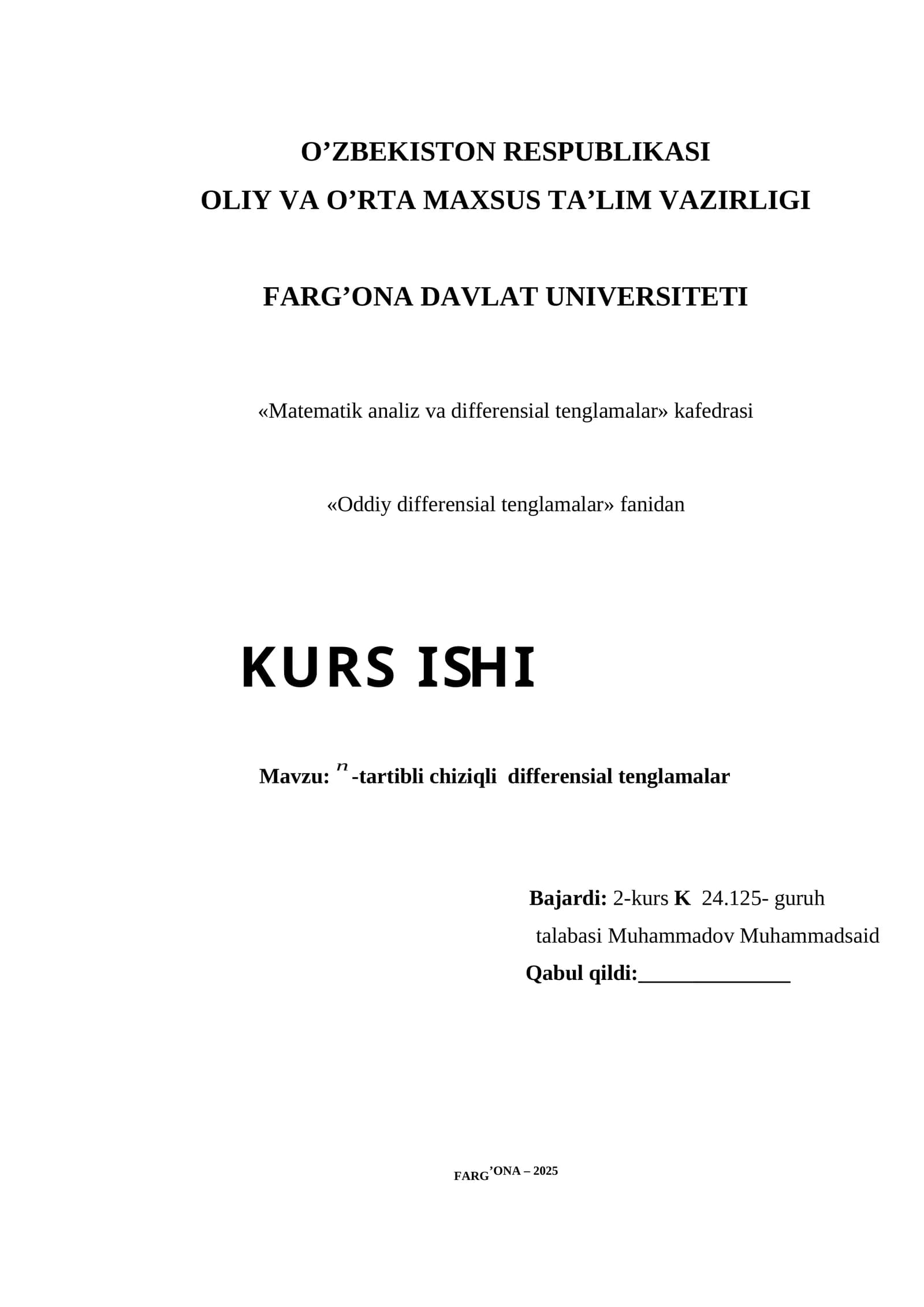 -tartibli chiziqli  differensial tenglamalar