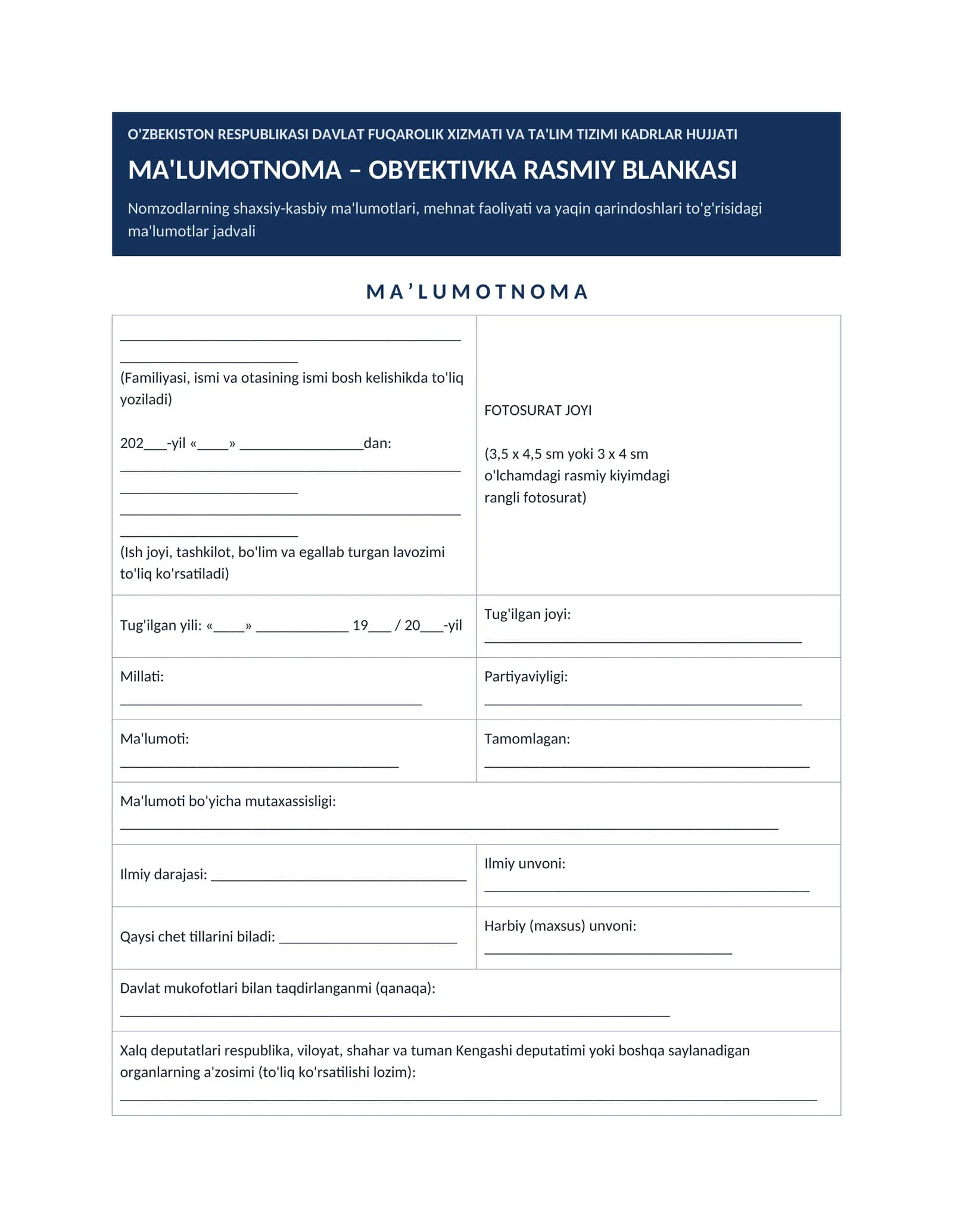 MA'LUMOTNOMA – OBYEKTIVKA RASMIY BLANKASI