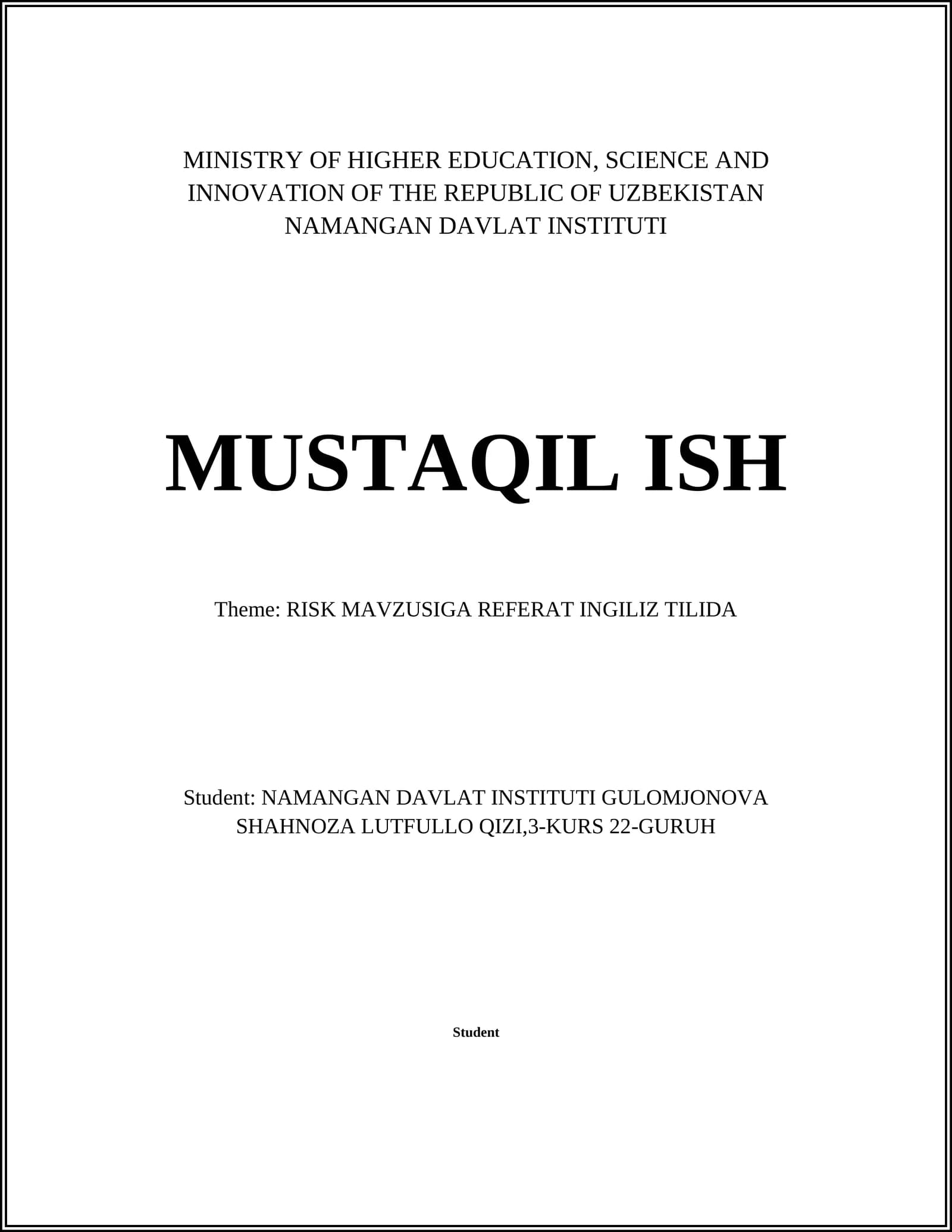 RISK MAVZUSIGA REFERAT INGILIZ TILIDA