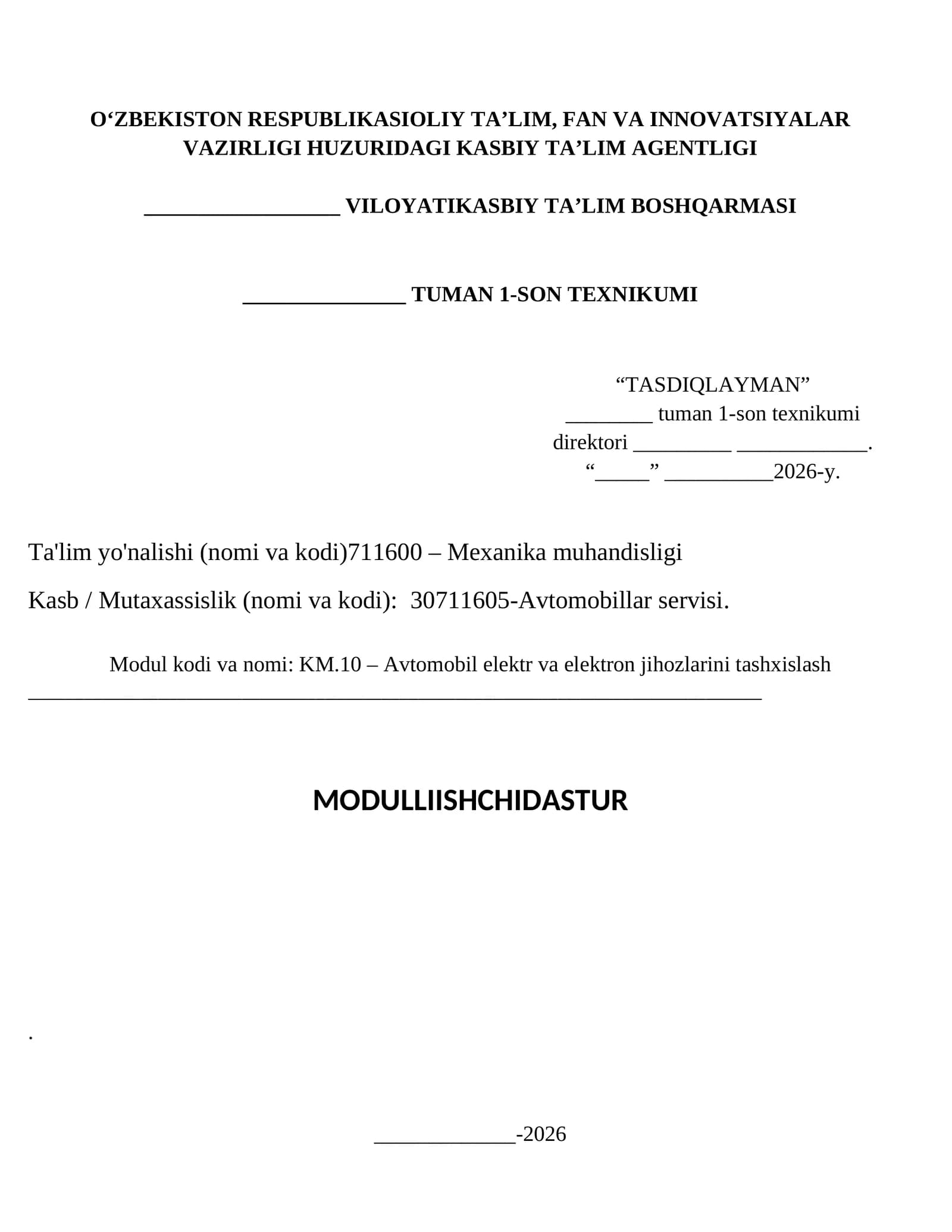 KM.10 – Avtomobil elektr va elektron jihozlarini tashxislash