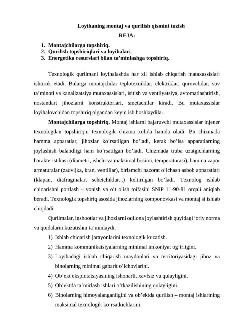 Montaj va Qurilish Loyihasi