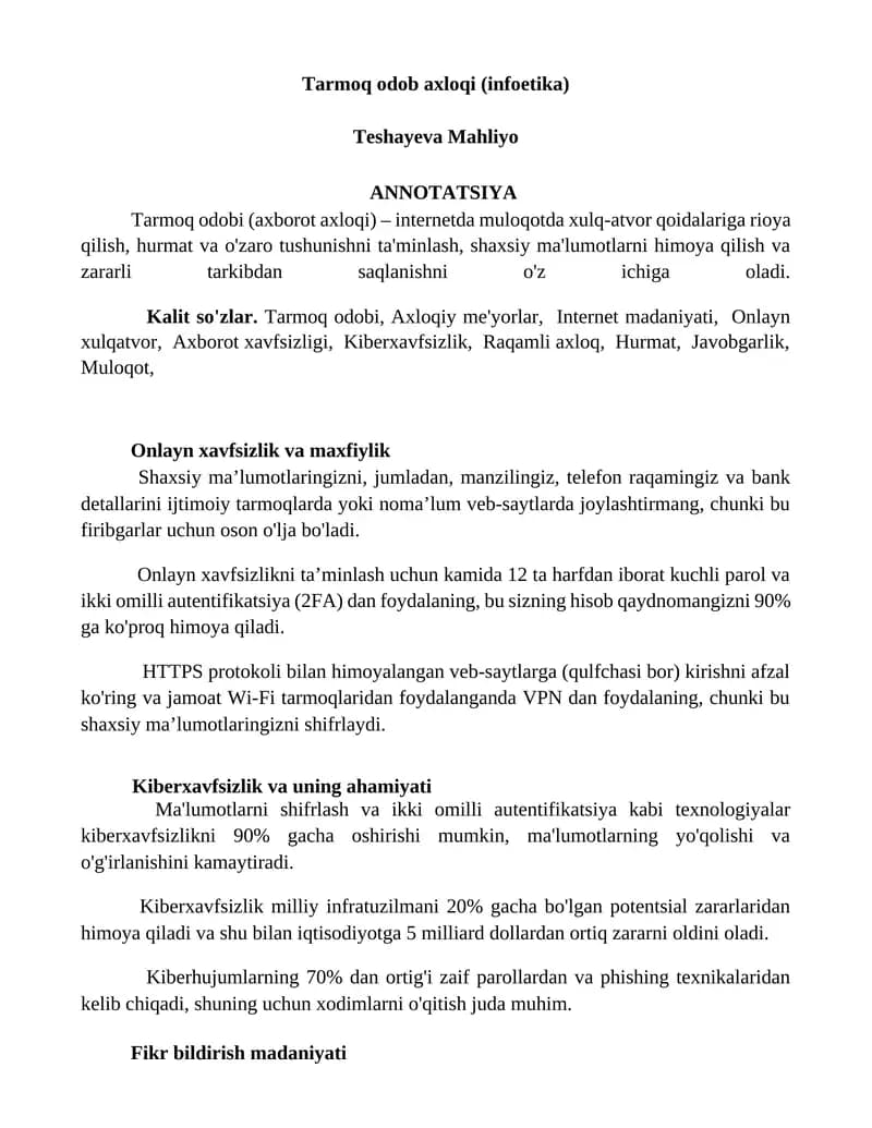 Tarmoq odob axloqi (infoetika)