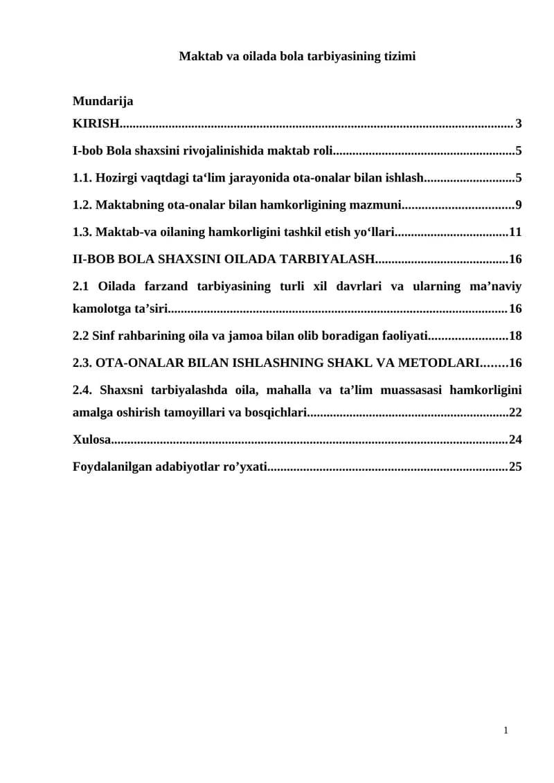 Maktab va oilada bola tarbiyasining tizimi