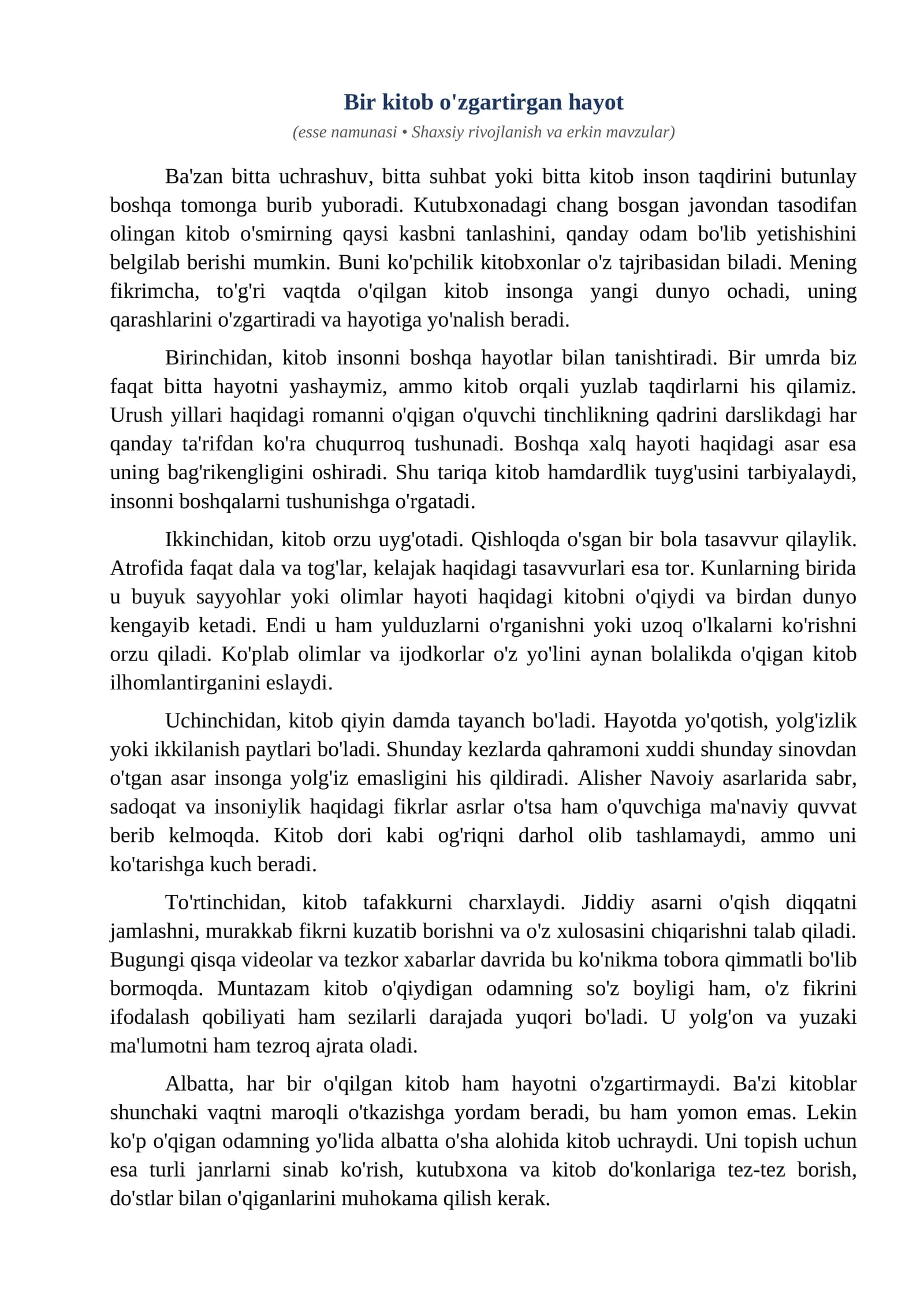 Esse Bir kitob ozgartirgan hayot
