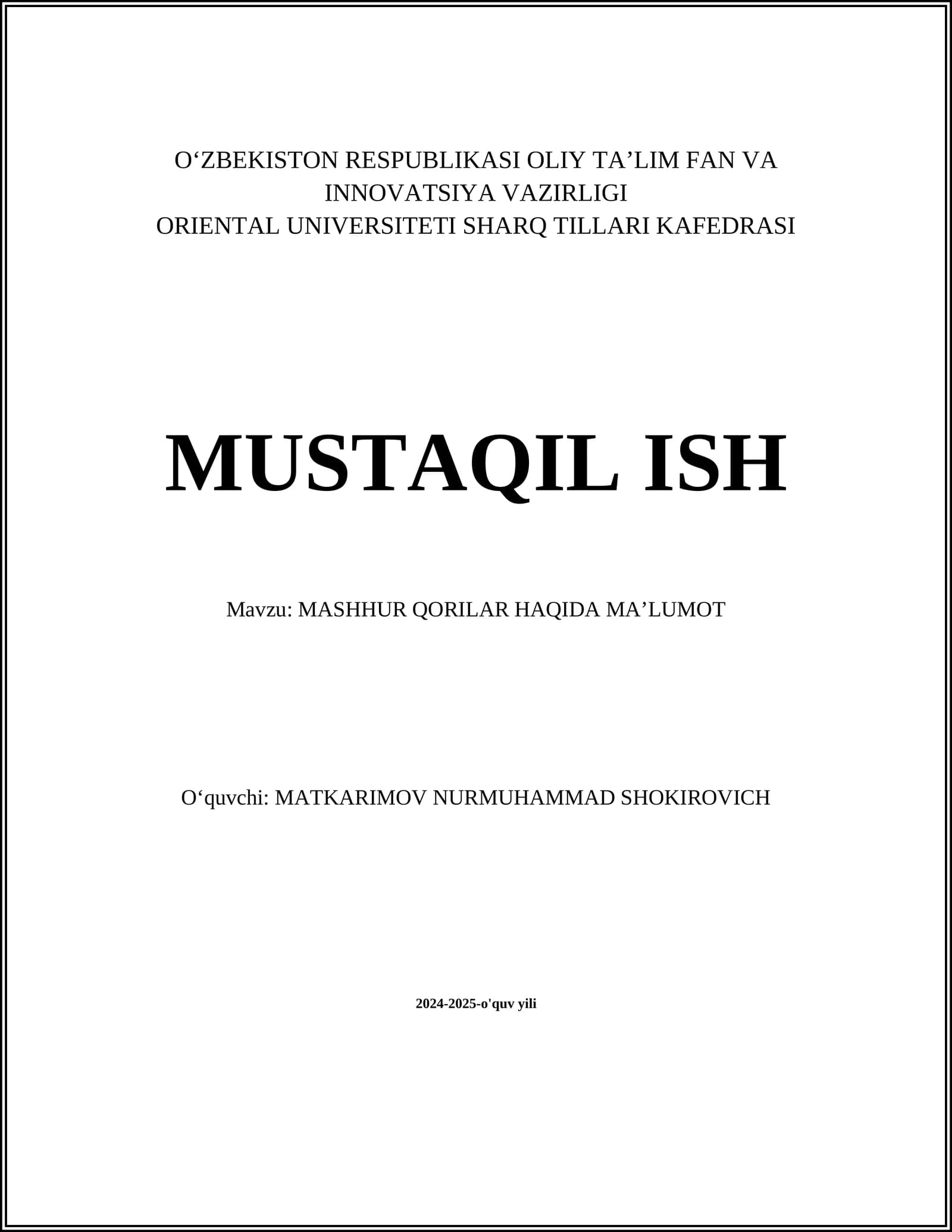 MASHHUR QORILAR HAQIDA MA’LUMOT