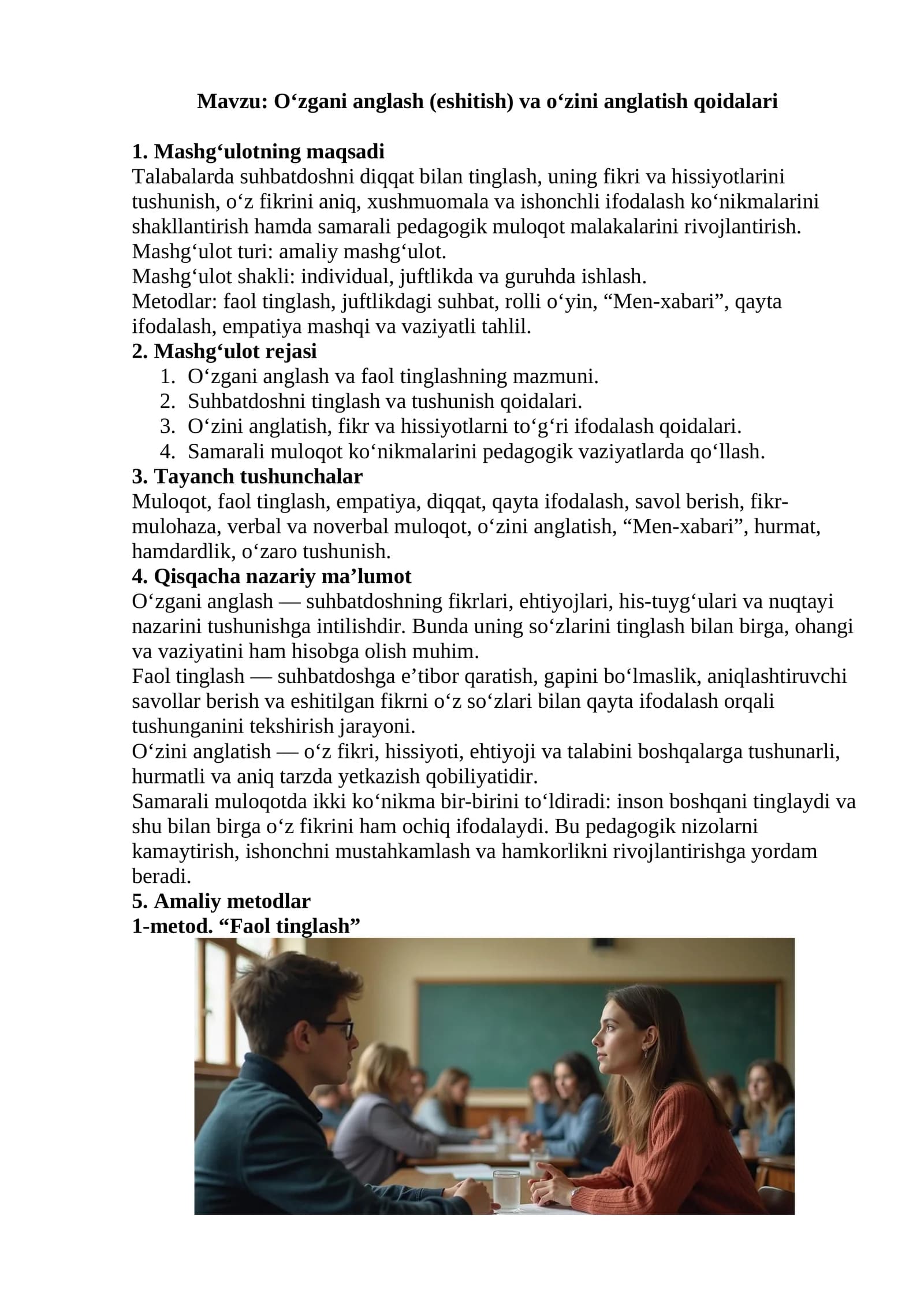 O‘zgani anglash (eshitish) va o‘zini anglatish qoidalari