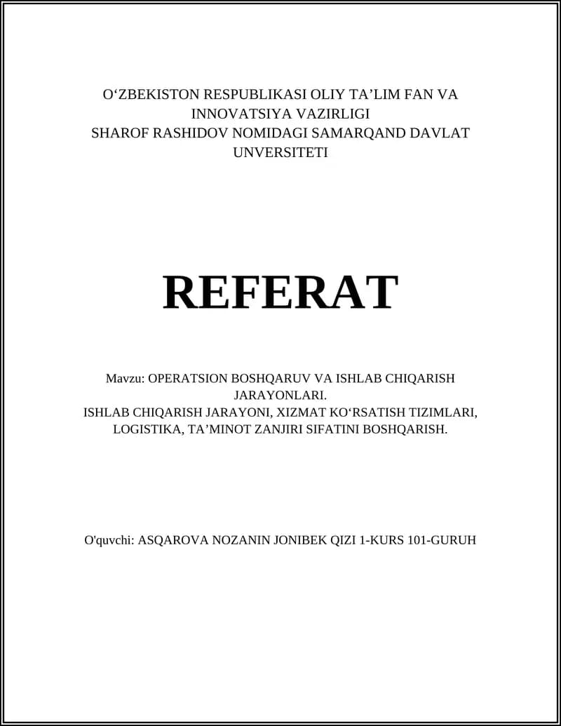 OPERATSION BOSHQARUV VA ISHLAB CHIQARISH JARAYONLARI
