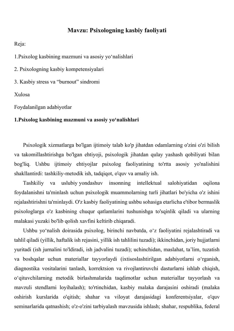 Psixologning kasbiy faoliyati