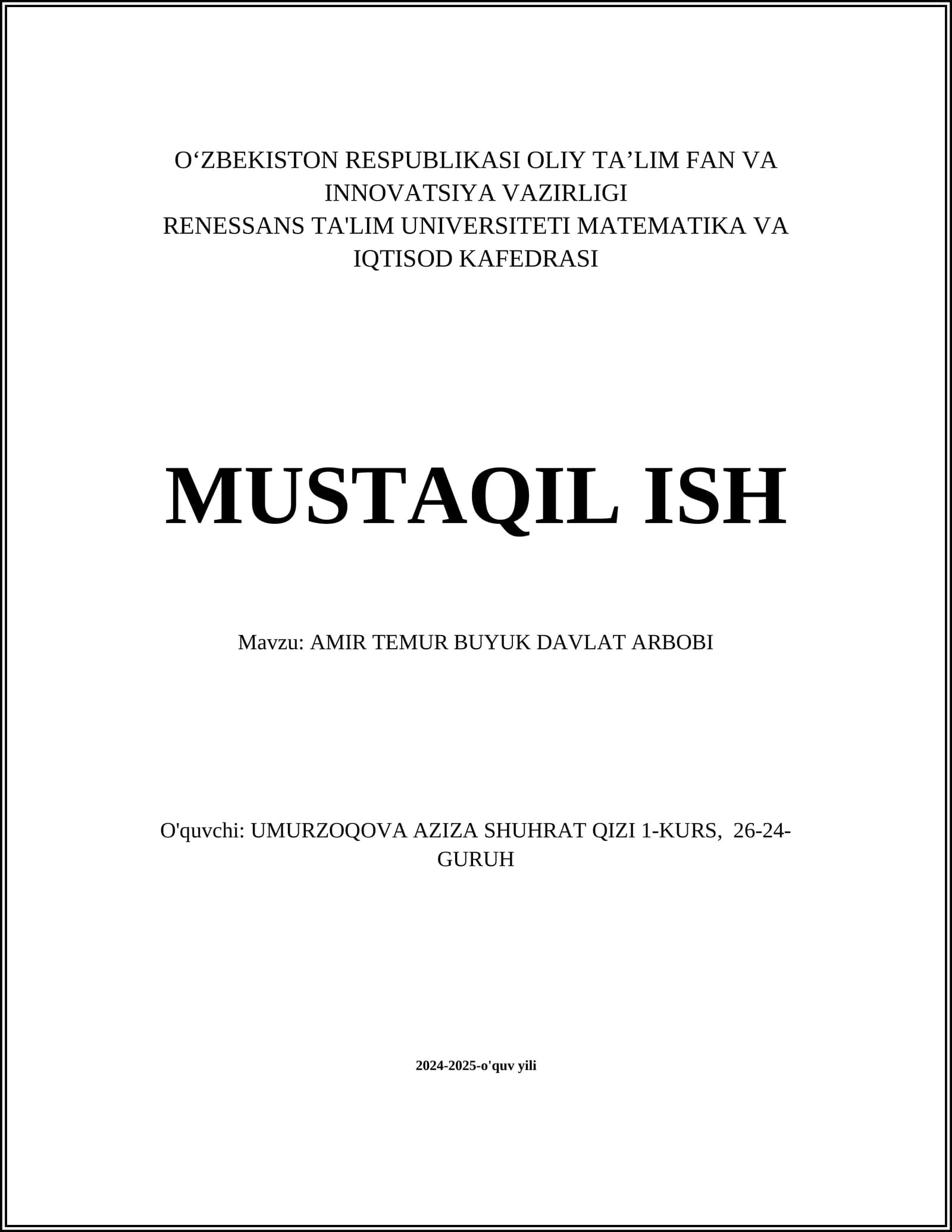 AMIR TEMUR BUYUK DAVLAT ARBOBI