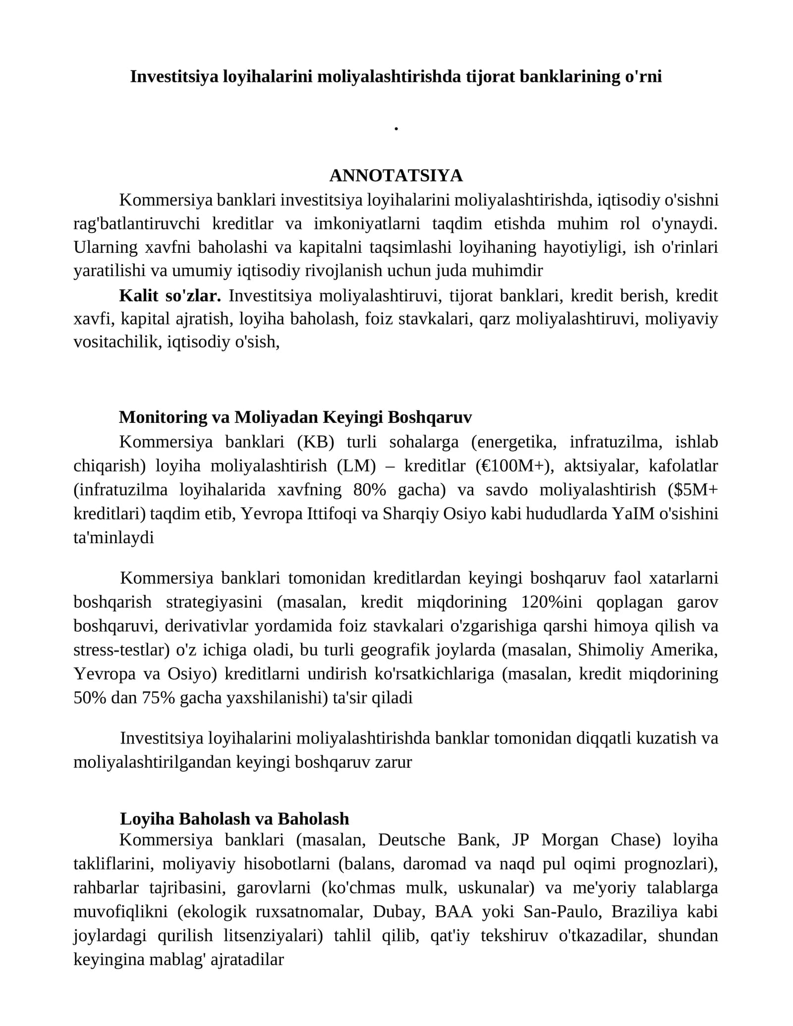 Investitsiya loyihalarini moliyalashtirishda tijorat banklarining o'rni