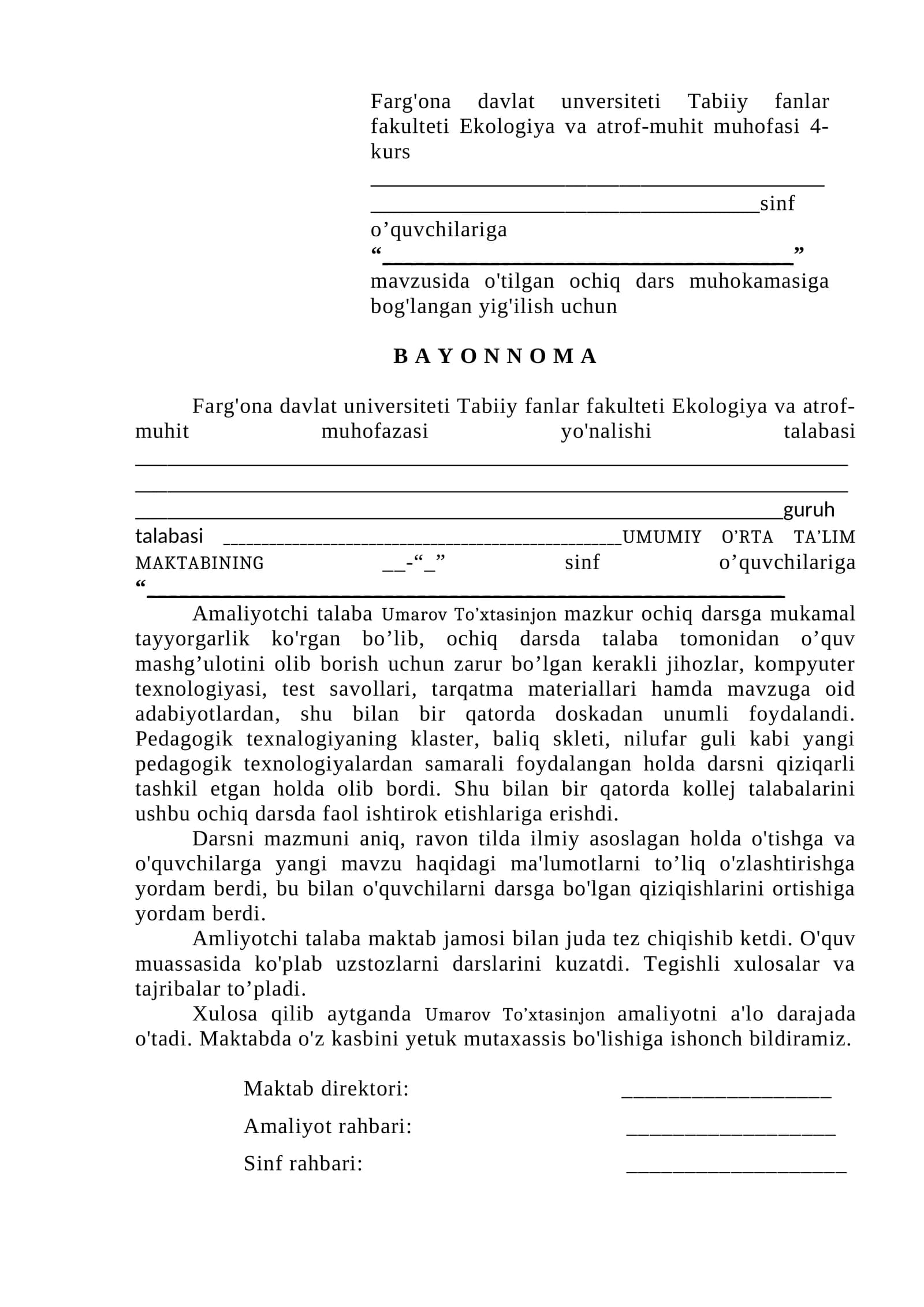 ochiq dars bayonnomasi