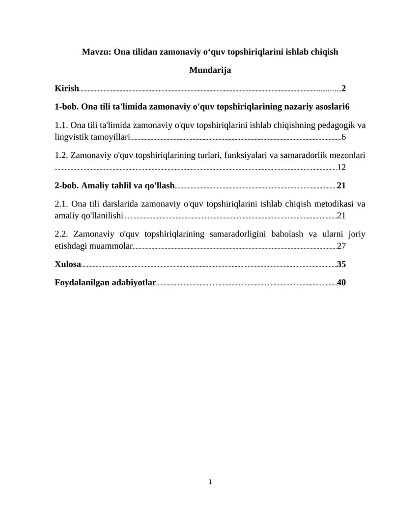 Ona tilidan zamonaviy oʻquv topshiriqlarini ishlab chiqish
