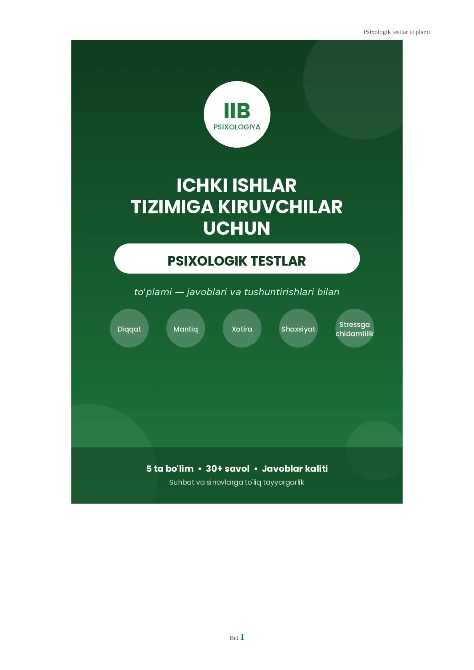 Ichki ishlar tizimiga kiruvchilar uchun psixologik testlar to'plami (javoblari bilan)