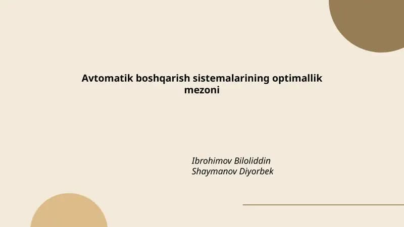 Avtomatik boshqarish sistemalarining optimallik mezoni