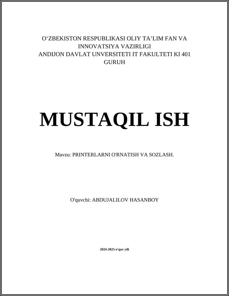 Printerlarni O'rnatish va Sozlash