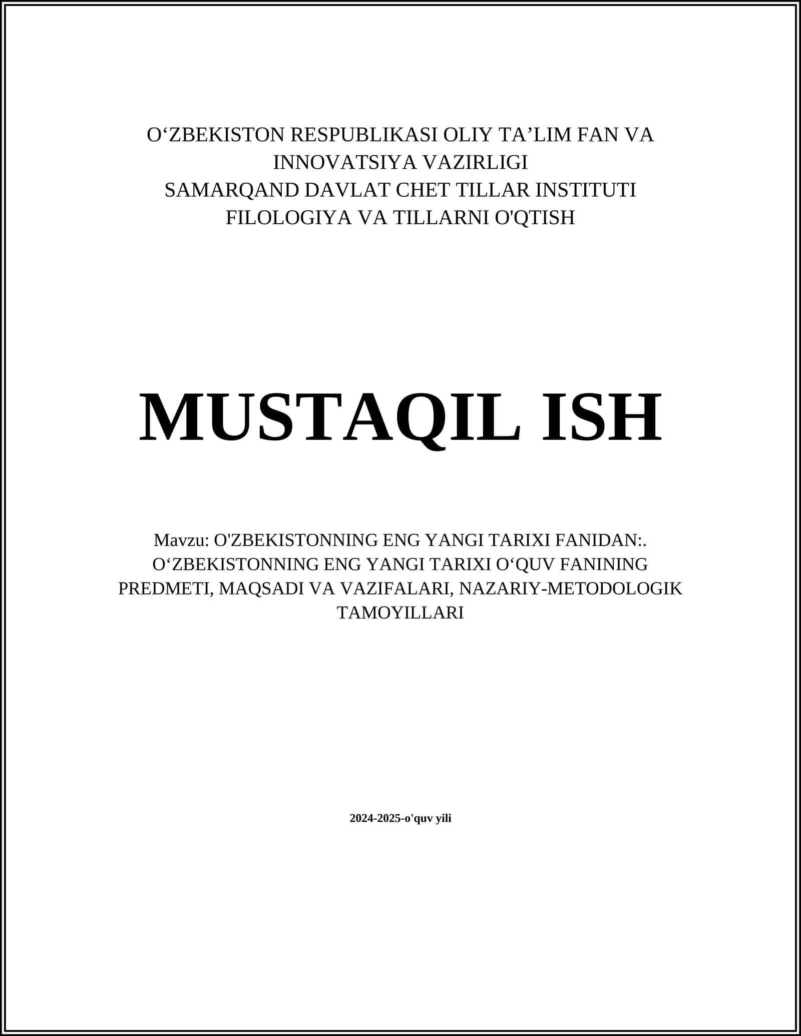 O'ZBEKISTONNING ENG YANGI TARIXI FANIDAN