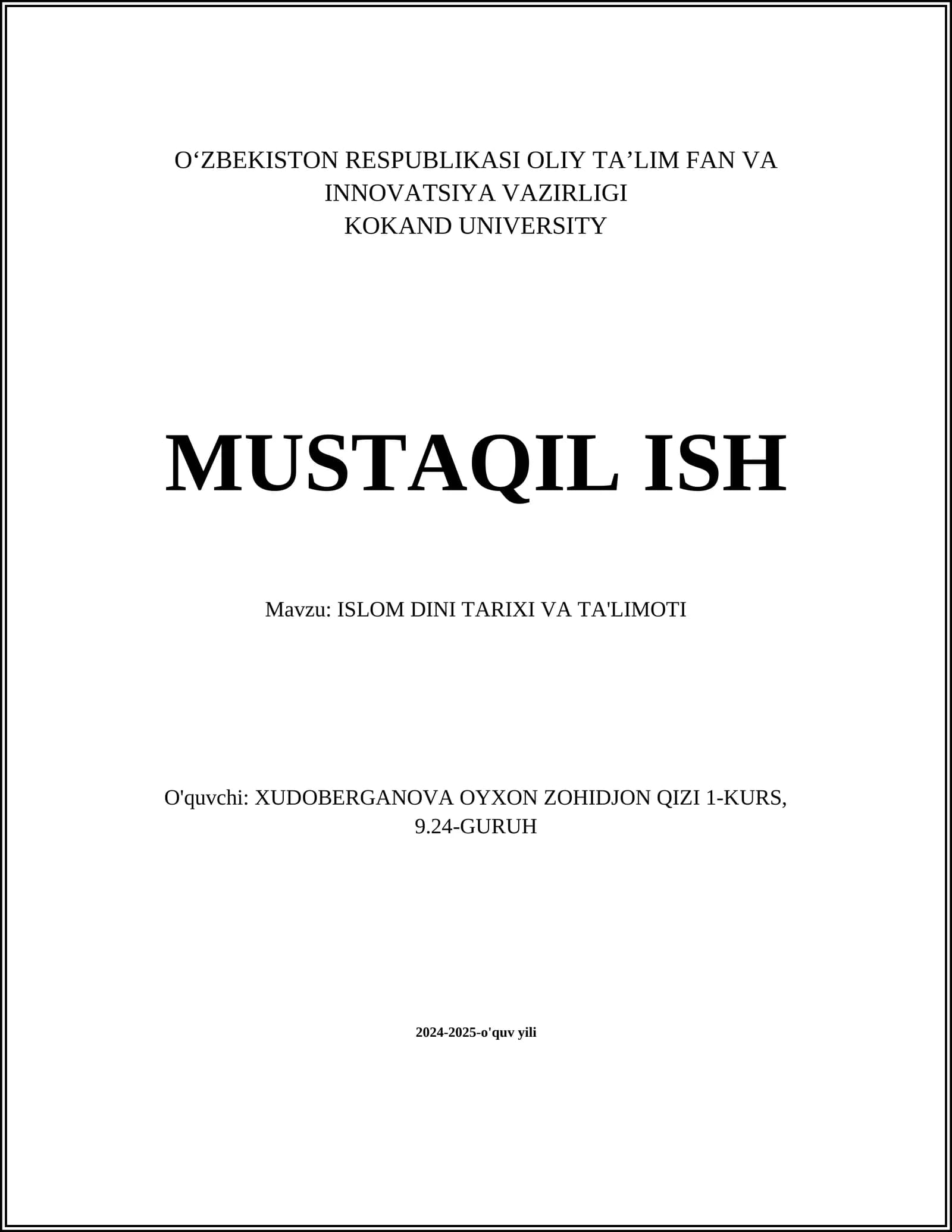 ISLOM DINI TARIXI VA TA'LIMOTI