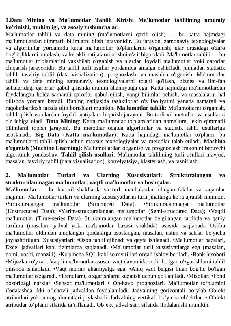 Data Mining va Ma'lumotlar Tahlili