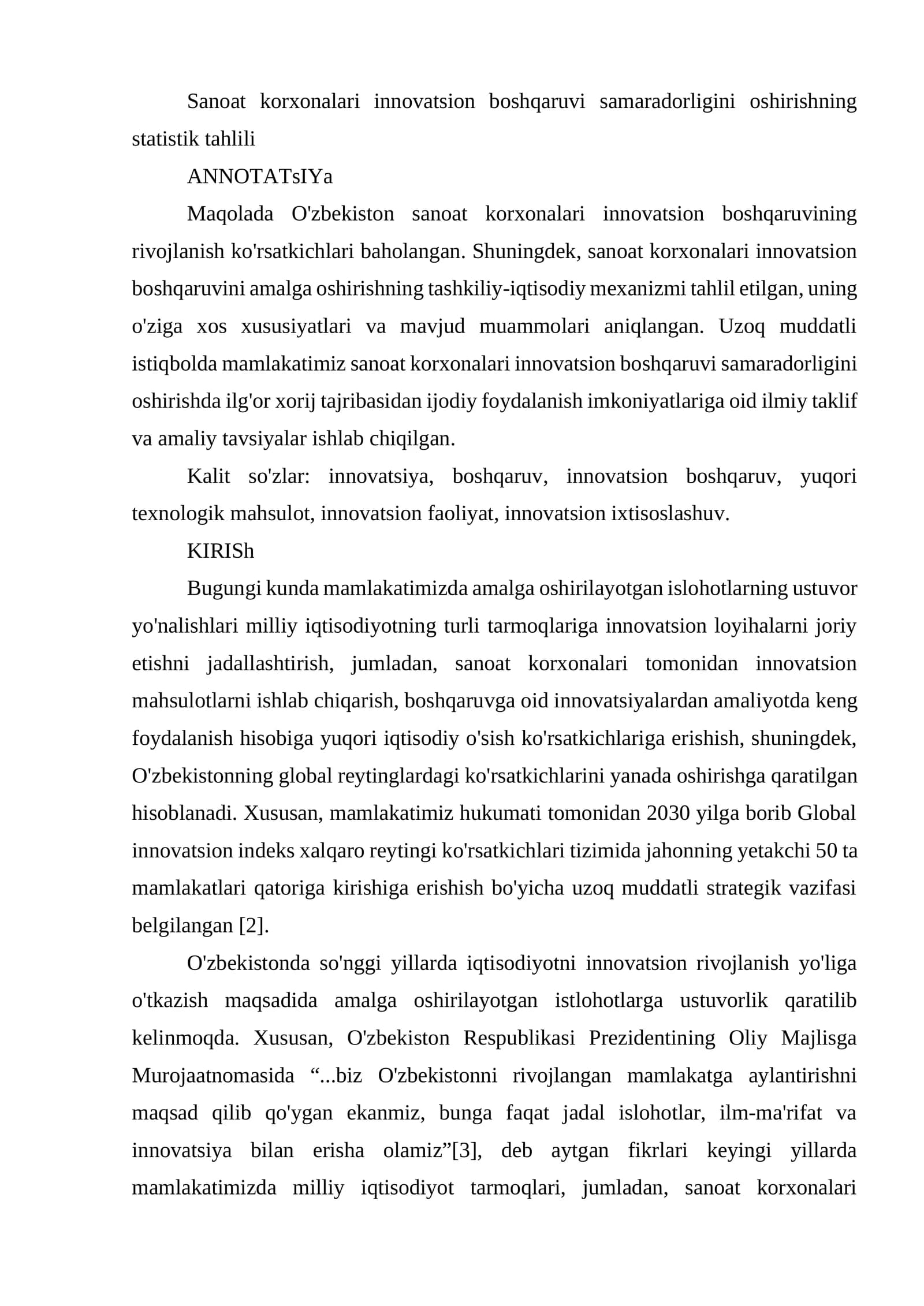 Sanoat korxonalari innovatsion boshqaruvi samaradorligini oshirishning statistik tahlili
