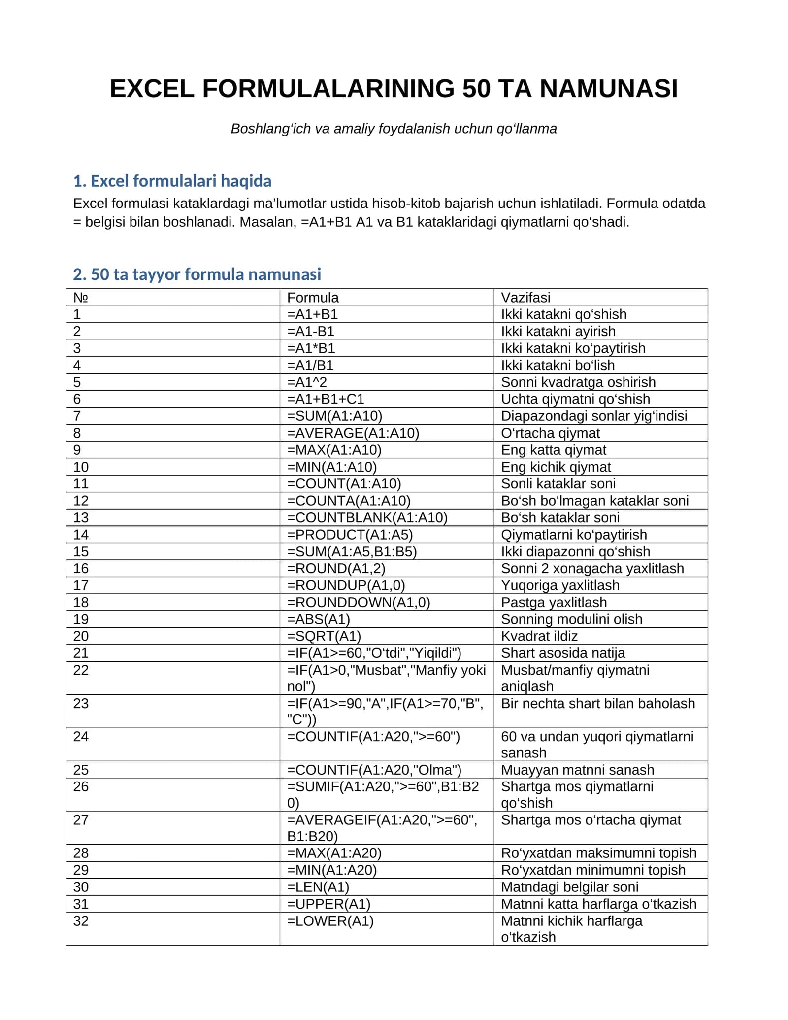 EXCEL FORMULALARINING 50 TA NAMUNASI