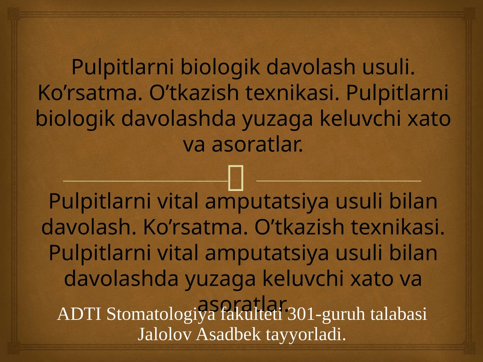 Pulpitlarni biologik davolash usuli. Ko’rsatma. O’tkazish texnikasi. Pulpitlarni biologik davolashda yuzaga keluvchi xato va asoratlar.