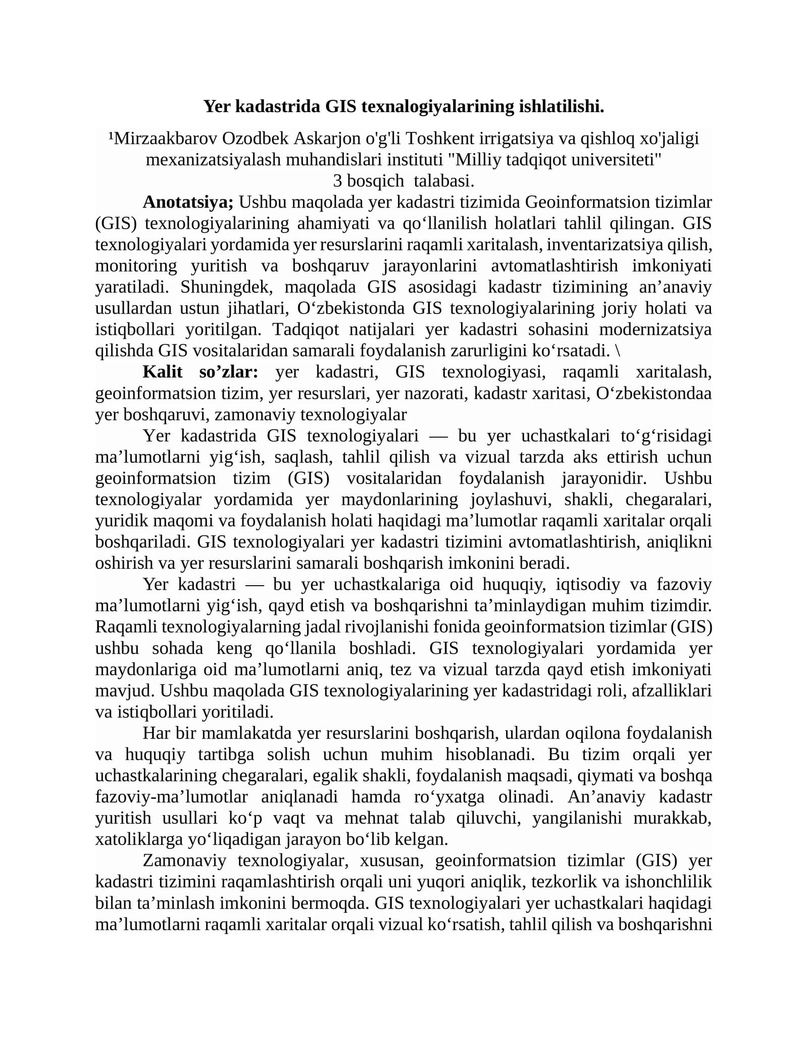 Yer kadastrida GIS texnalogiyalarining ishlatilishi