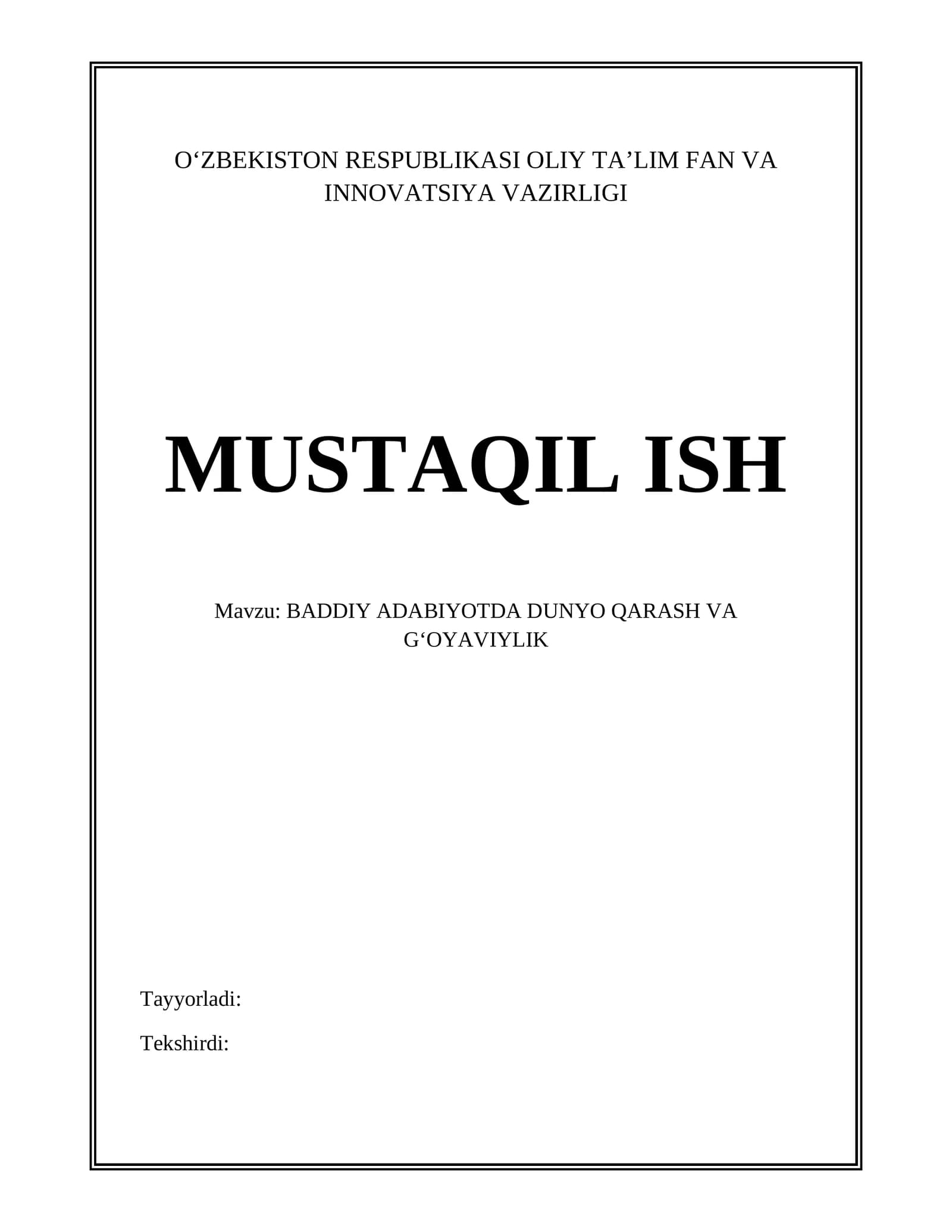 BADDIY ADABIYOTDA DUNYO QARASH VA GʻOYAVIYLIK