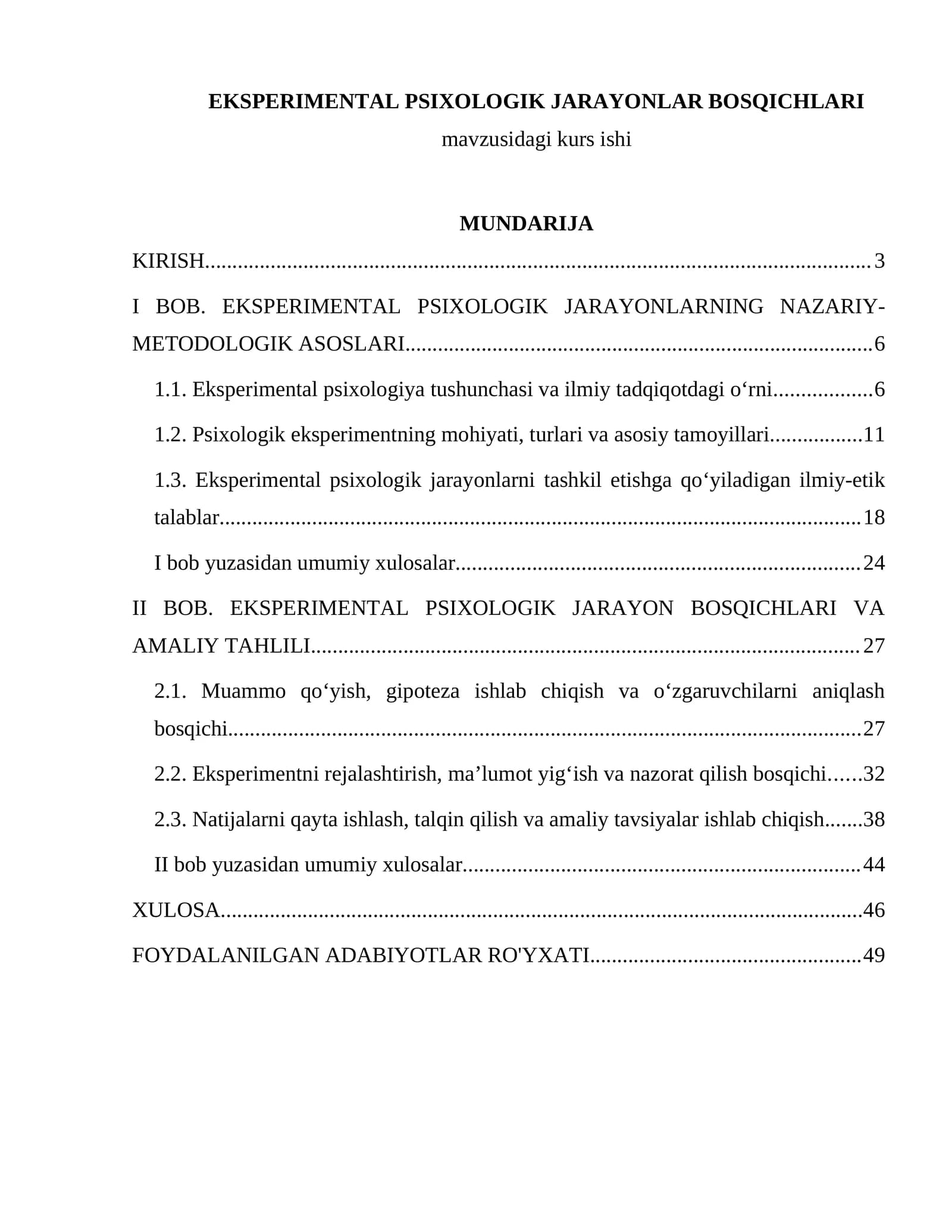 EKSPERIMENTAL PSIXOLOGIK JARAYONLAR BOSQICHLARI