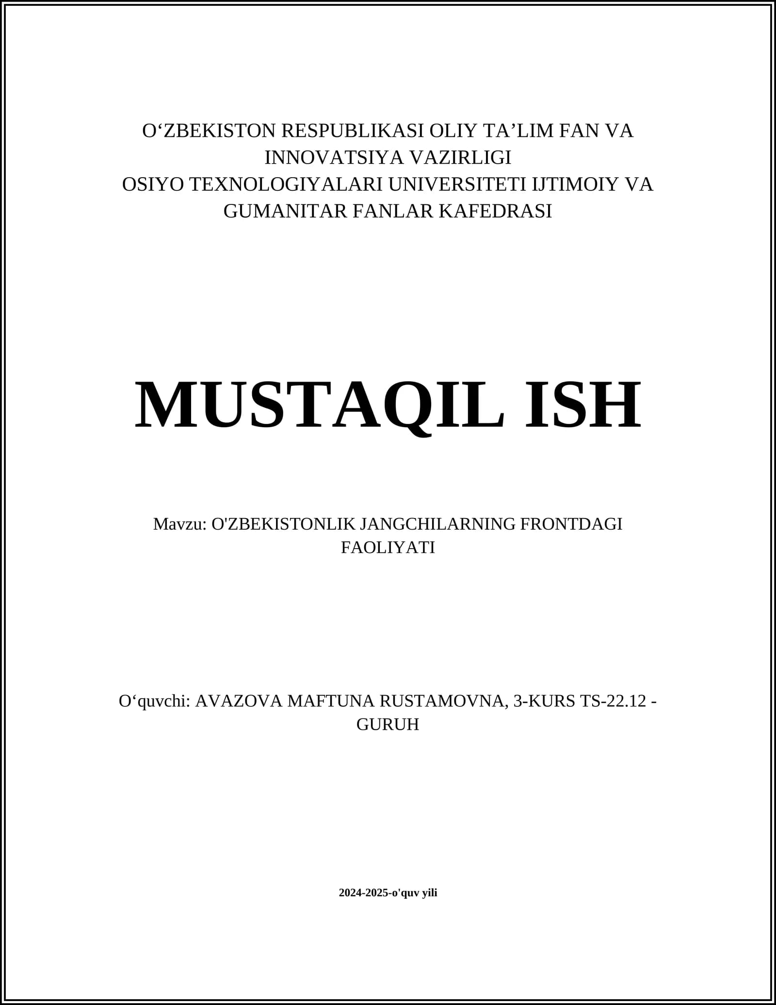 O'ZBEKISTONLIK JANGCHILARNING FRONTDAGI FAOLIYATI