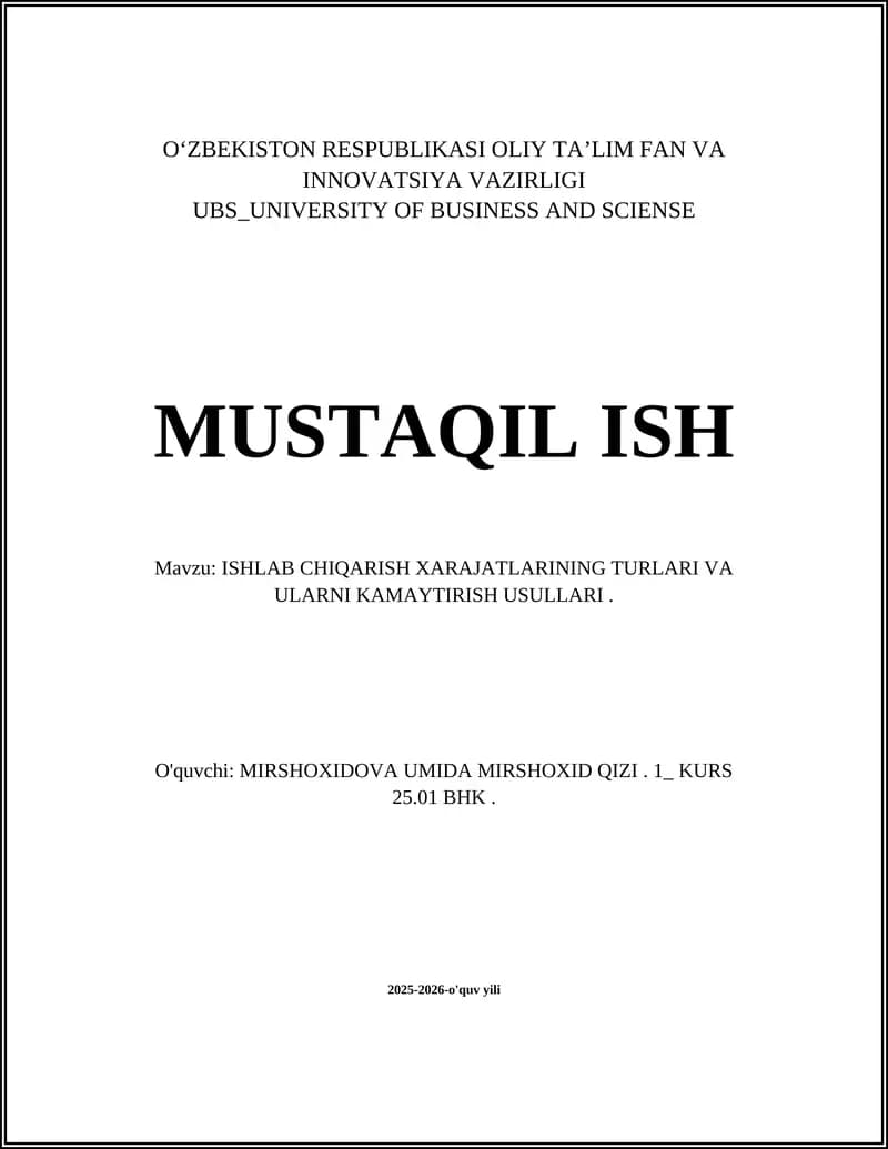 ISHLAB CHIQARISH XARAJATLARINI KAMAYTIRISH USULLARI