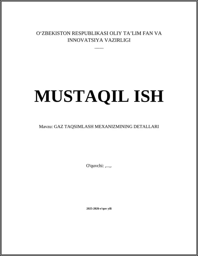 GAZ TAQSIMLASH MEXANIZMINING DETALLARI