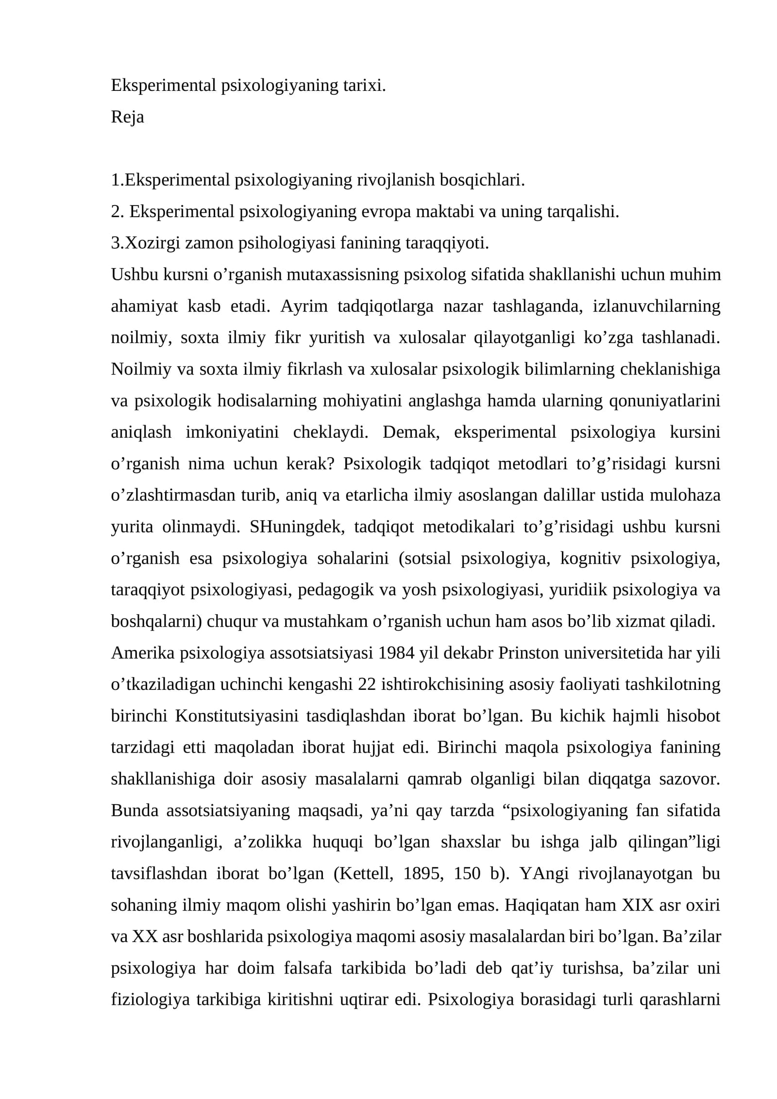Eksperimental psixologiyaning tarixi