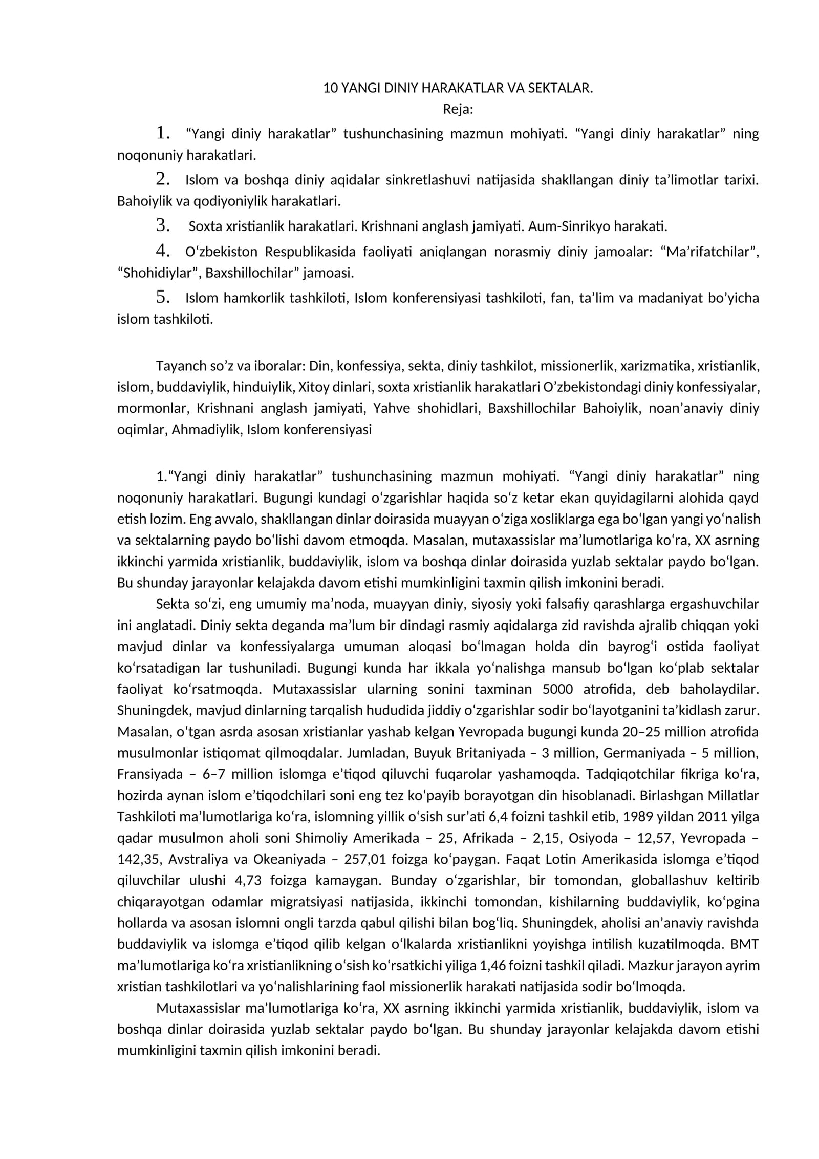 10 YANGI DINIY HARAKATLAR VA SEKTALAR