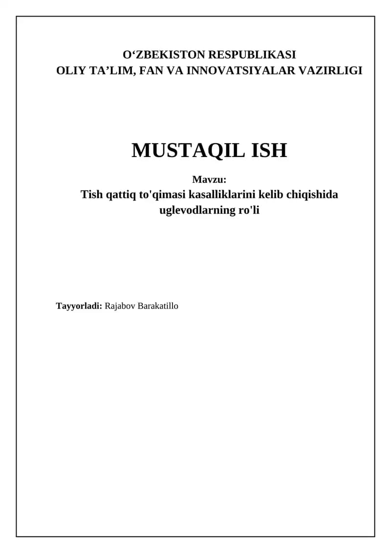 Tish qattiq to'qimasi kasalliklarini kelib chiqishida uglevodlarning ro'li