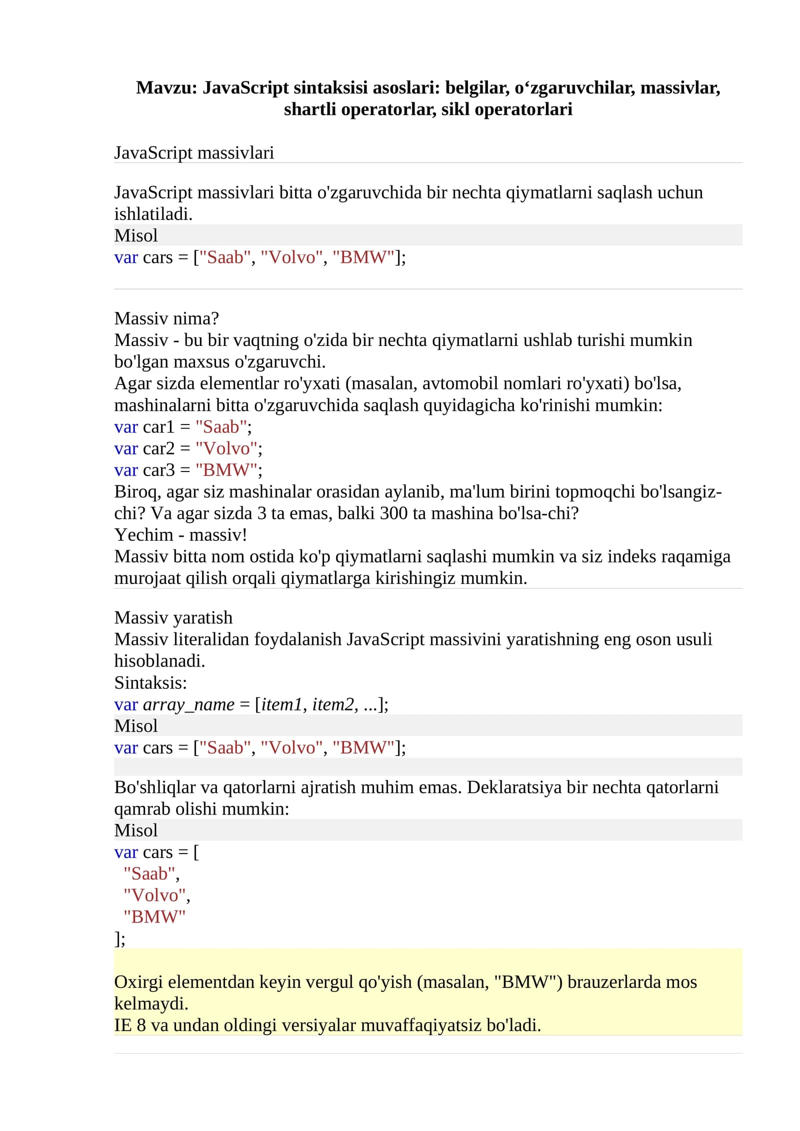 JavaScript massivlari