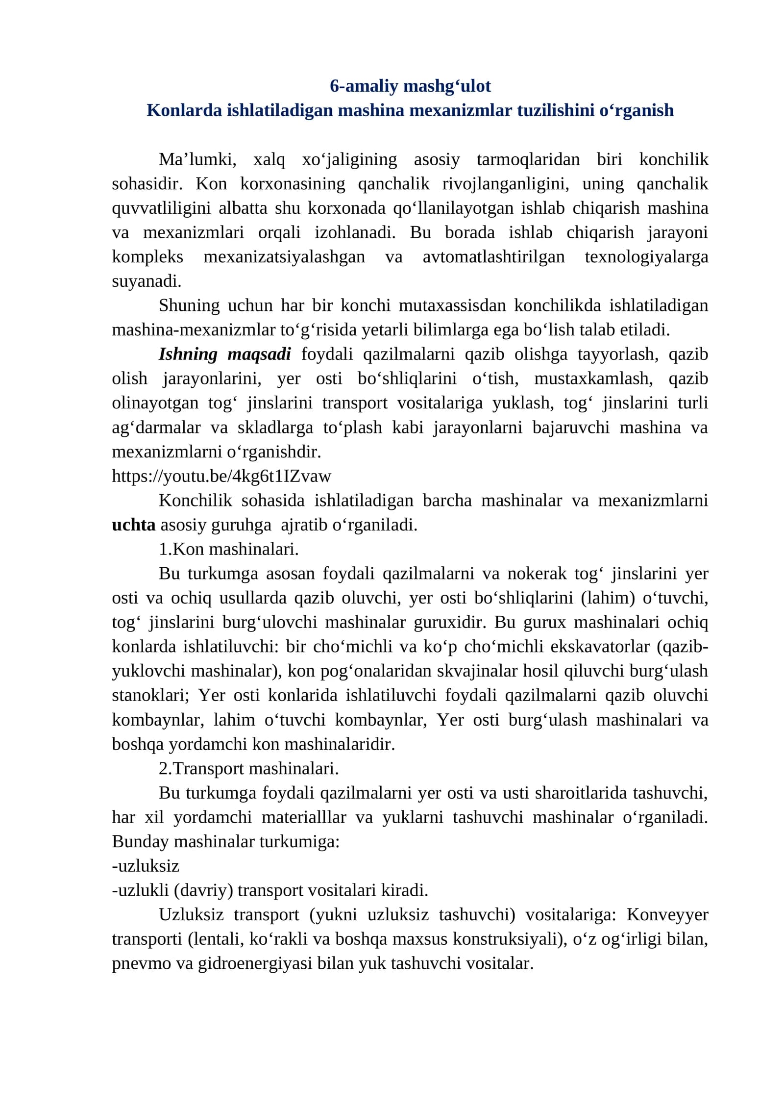 Konchilik sohasida ishlatiladigan mashina-mexanizmlar