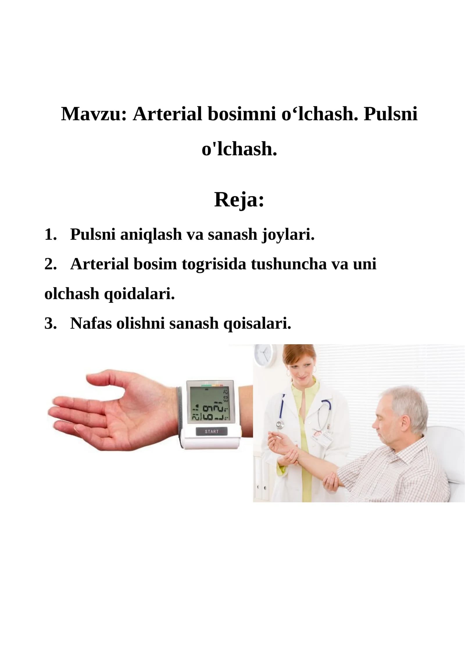 Arterial bosimni o‘lchash. Pulsni o'lchash