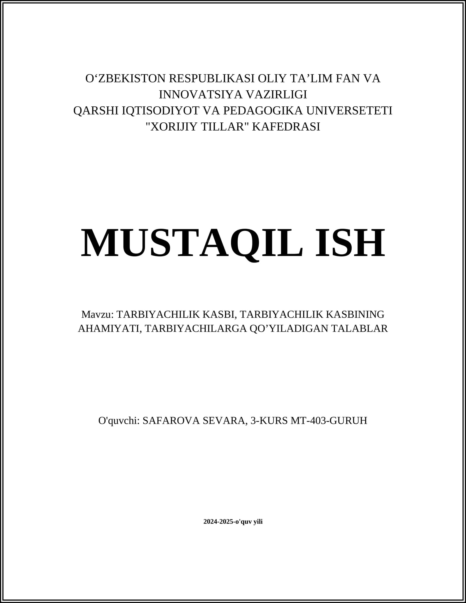 TARBIYACHILIK KASBINING MOHIYATI