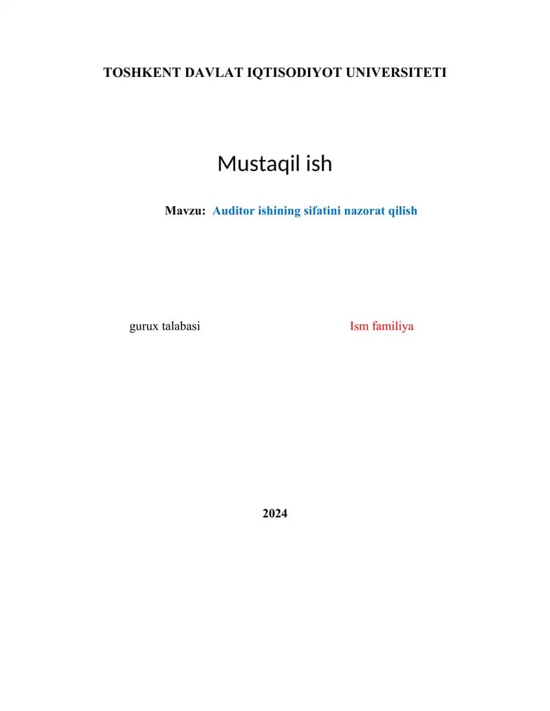 Auditor ishining sifatini nazorat qilish