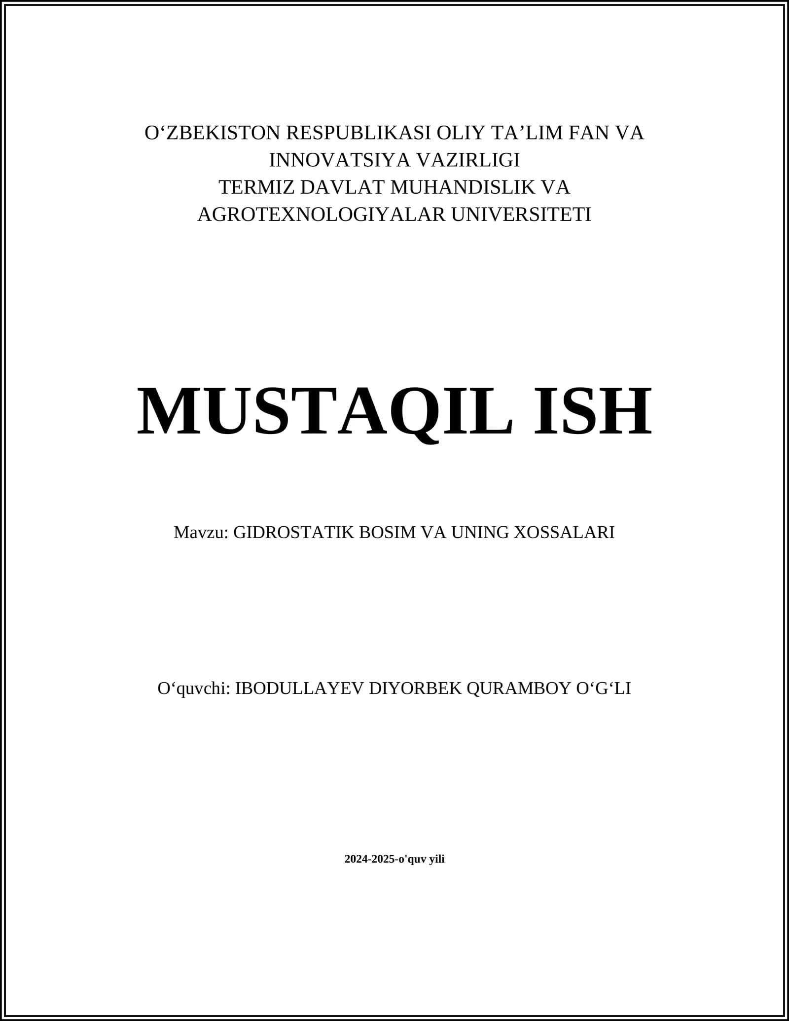 GIDROSTATIK BOSIM VA UNING XOSSALARI