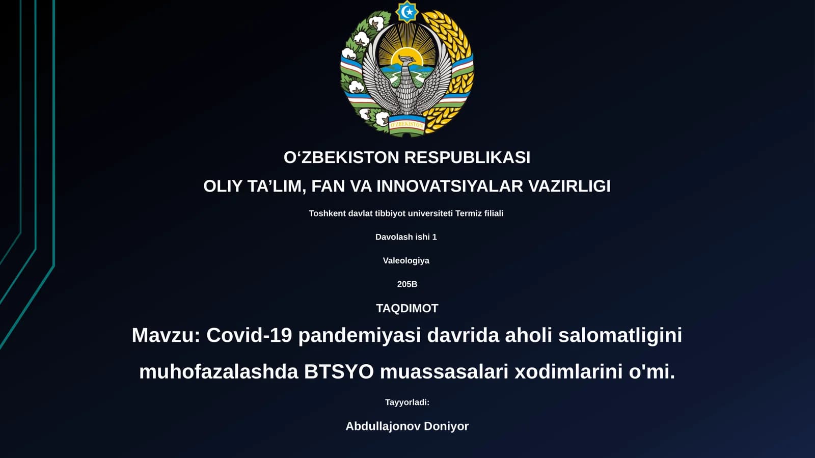 Covid-19 pandemiyasi davrida aholi salomatligini muhofazalashda BTSYO muassasalari xodimlarini o'mi.