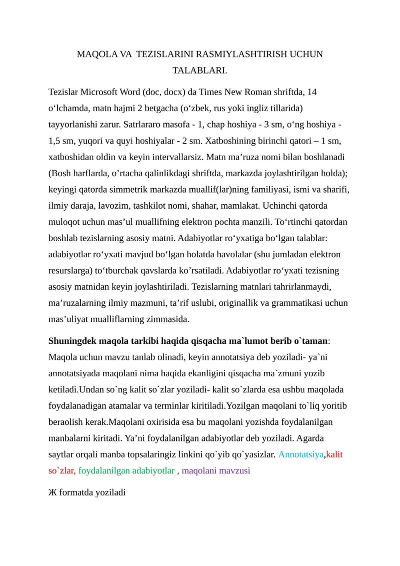 MAQOLA VA TEZISLARINI RASMIYLASHTIRISH UCHUN TALABLARI