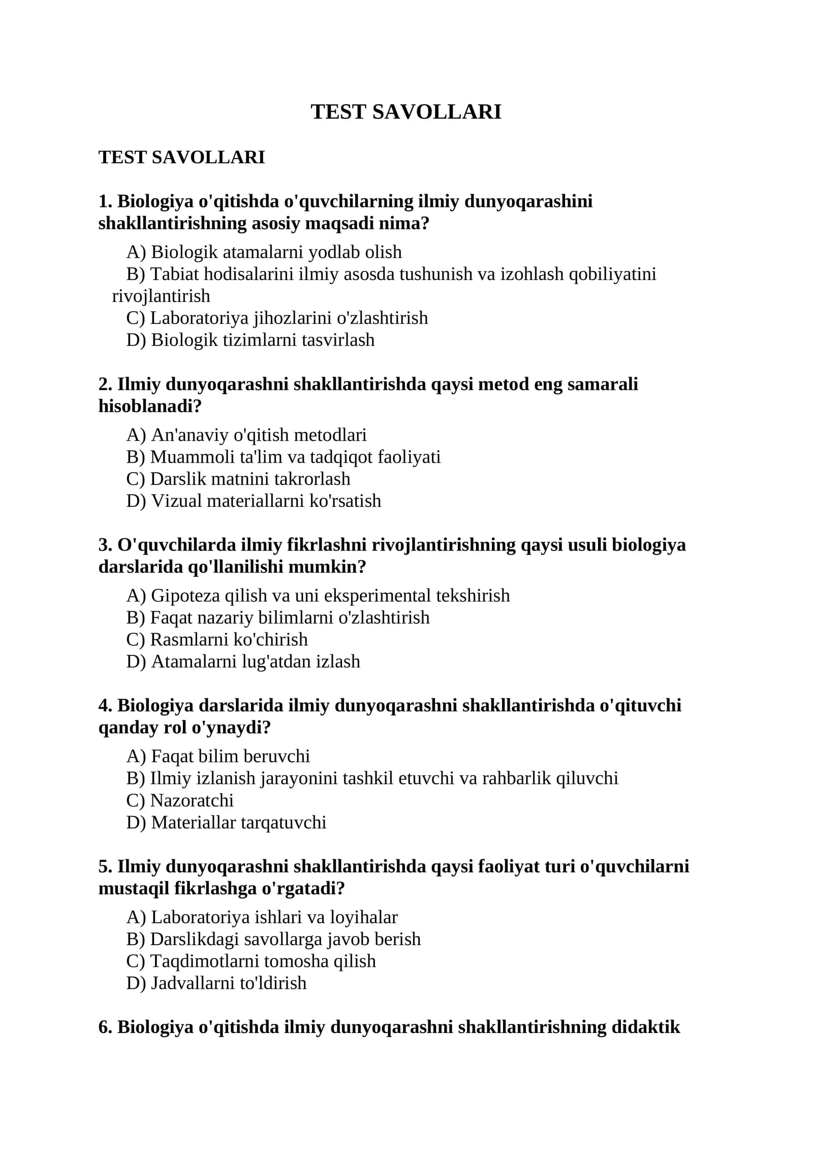 Biologiya test savollari