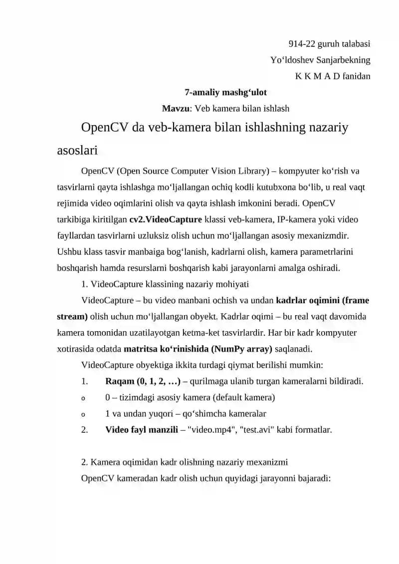 Veb kamera bilan ishlash
