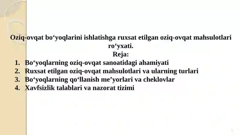 Oziq-ovqat bo‘yoqlarini ishlatishga ruxsat etilgan oziq-ovqat mahsulotlari ro‘yxati.