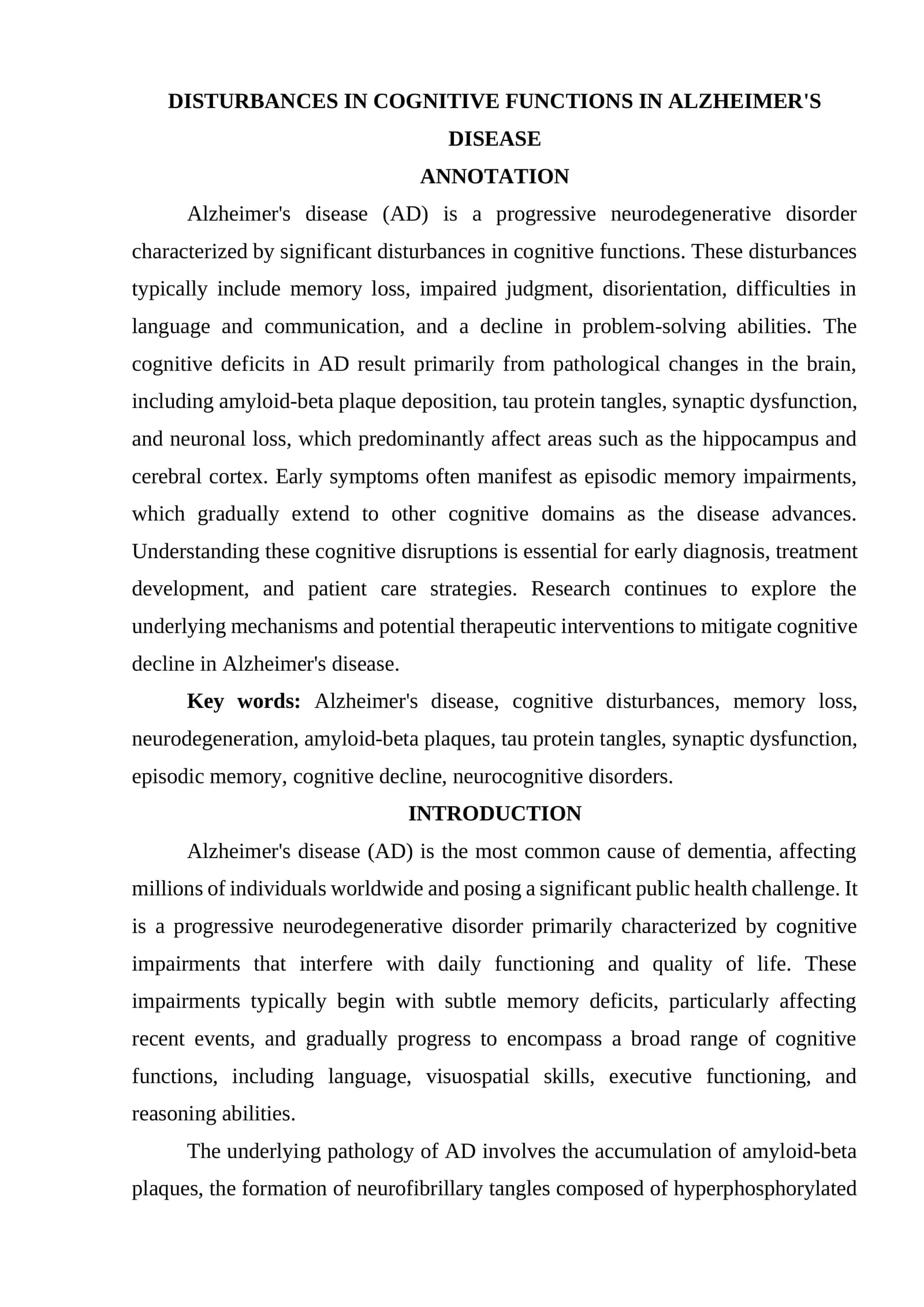 DISTURBANCES IN COGNITIVE FUNCTIONS IN ALZHEIMER'S DISEASE